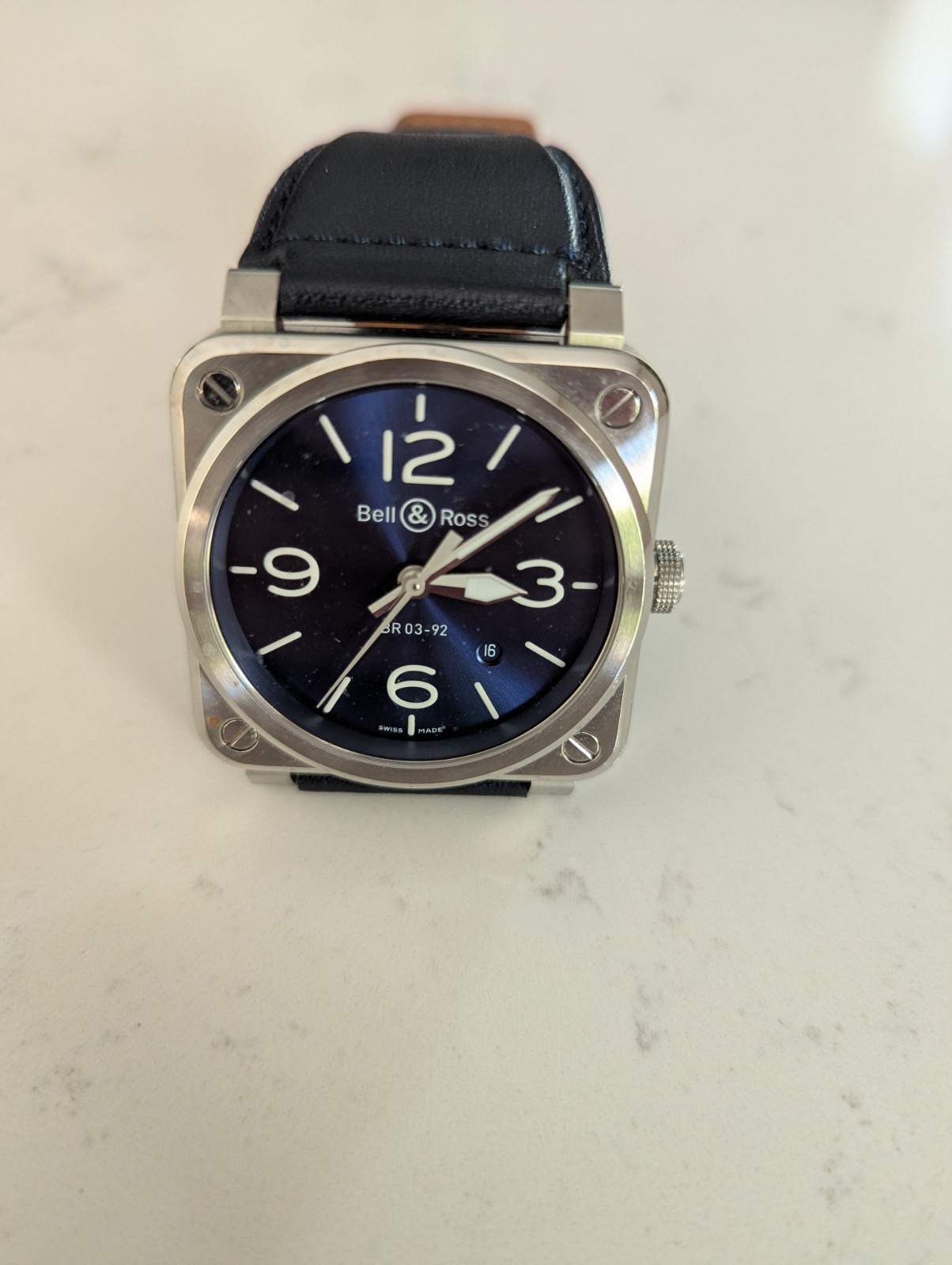 Bell & Ross BR 03-92 42mm Dark Blue Leather band. Excellent condition