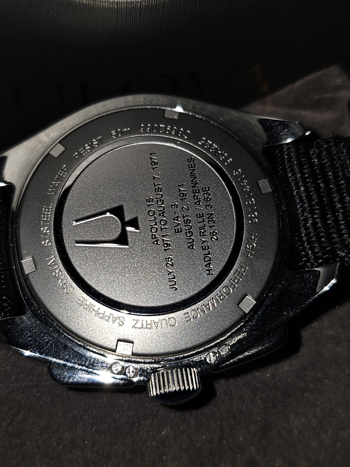 Bulova Lunar Pilot Quartz Chronograph Tachymeter Black Dial NATO Strap Box
