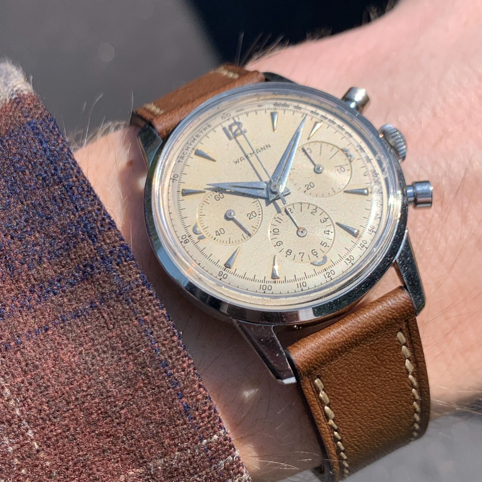 Vintage Wakmann Three Register Stainless Steel Chronograph Wristwatch