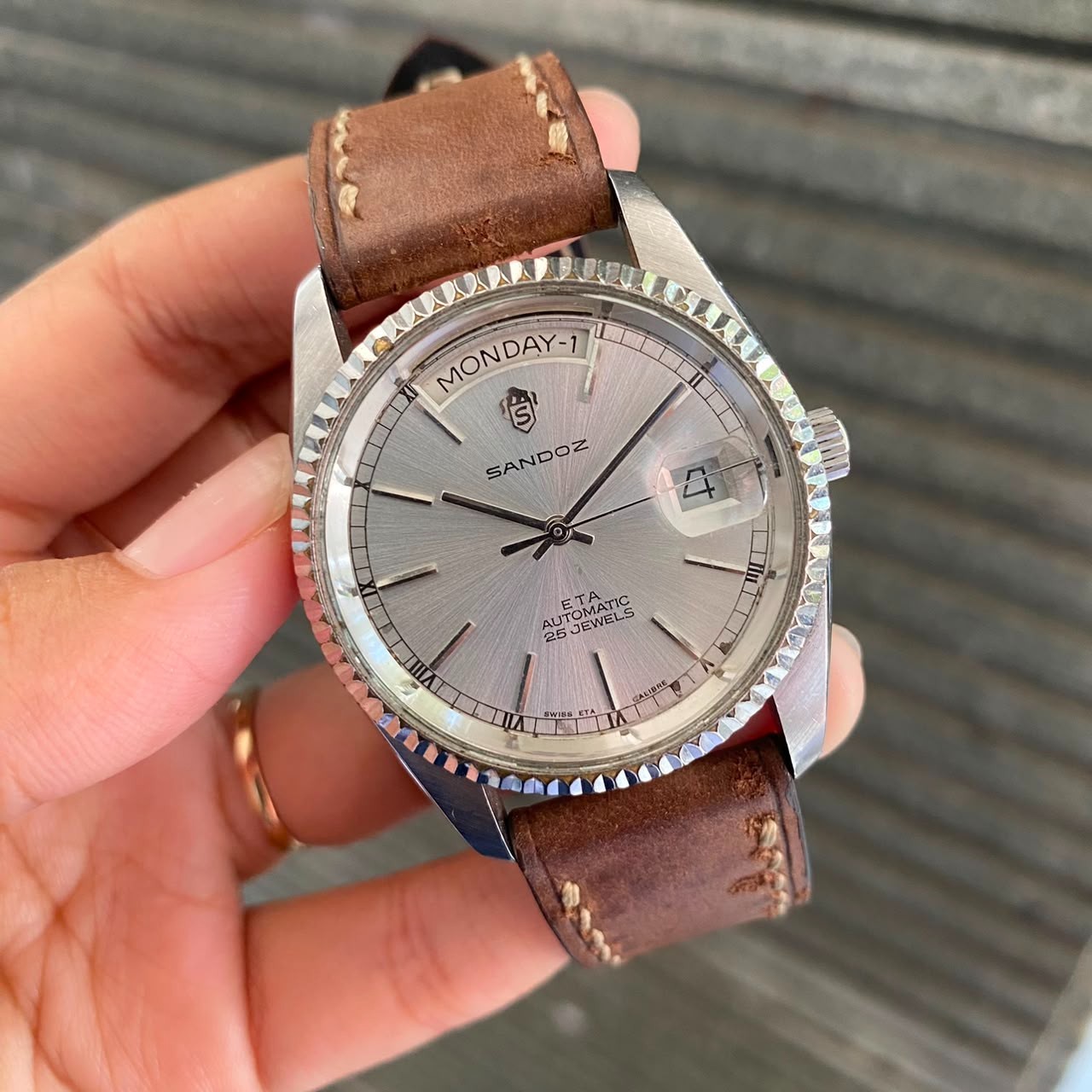 Rare Sandoz President Automatic ETA Swiss Day Date Silver Dial Watch Leather Men