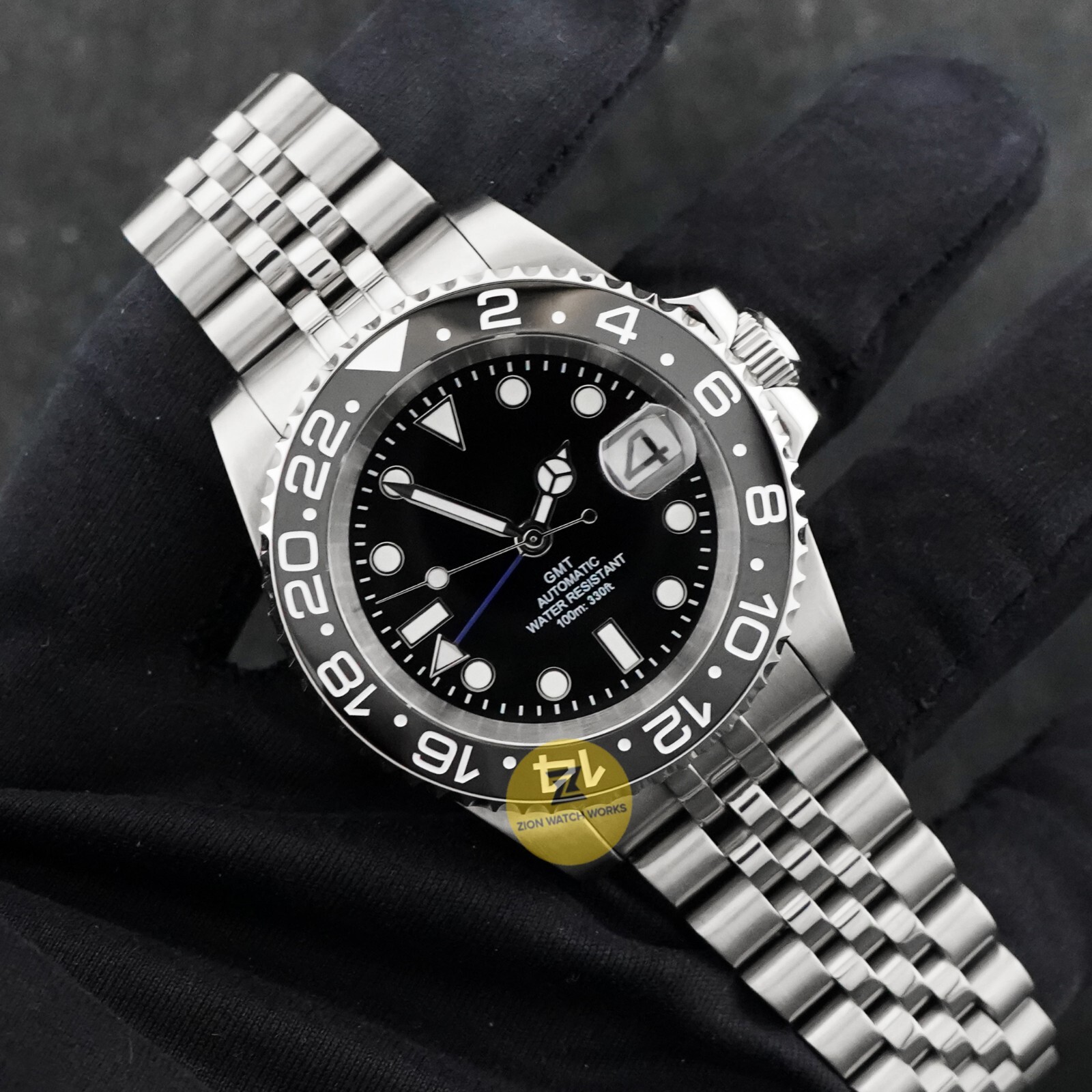 Custom Made 40mm Black GMT Custom Sub Style Mod Watch Jubilee w/ NH34 Movement