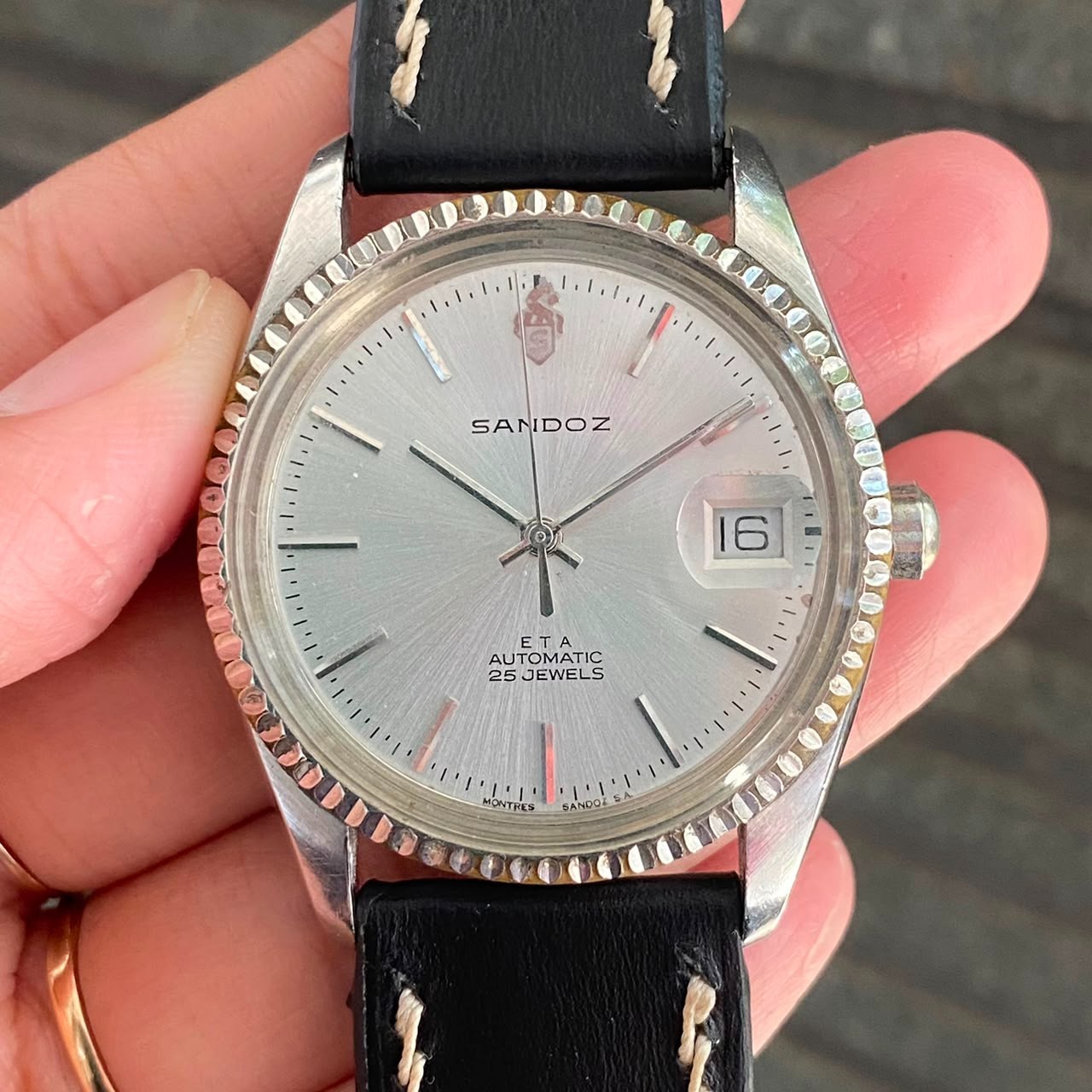 RARE Sandoz Silver Dial Automatic ETA Baton Index Date Vintage Watch Men Dress