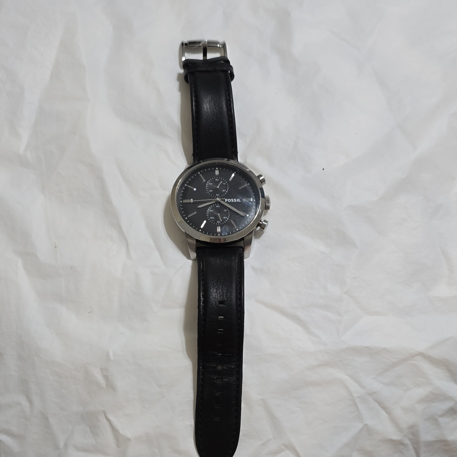Fossil PR2138 Men’s Quartz Chronograph Watch Black Dial Leather Strap 43mm