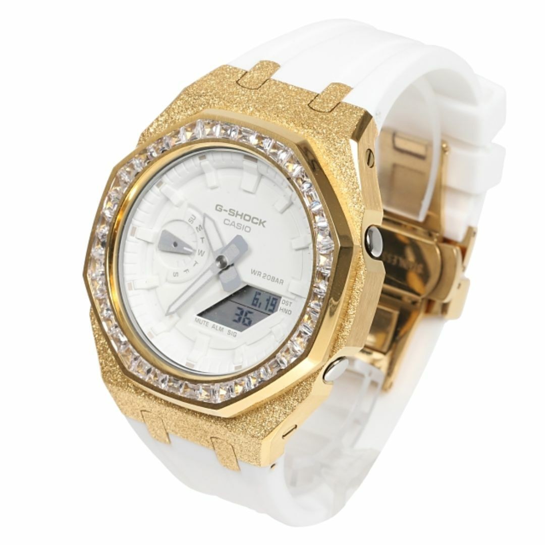 G-Shock GA2100 White Metal Gold Custom Frosted Baguette CZ Bezel Rubber Band Cas