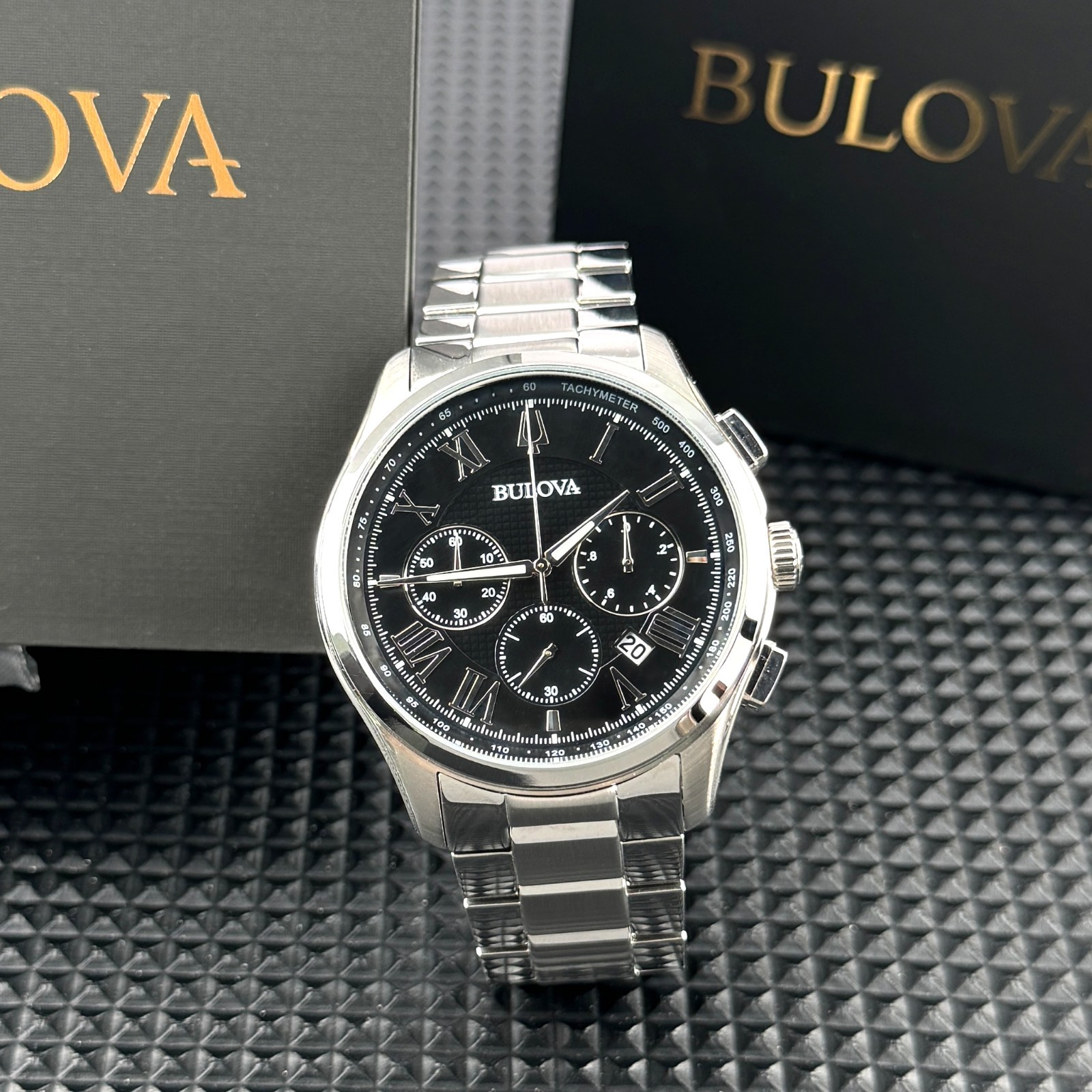 Bulova Wilton Classic Chronograph Black Dial 96B288 Silver Men’s Watch 46.5mm