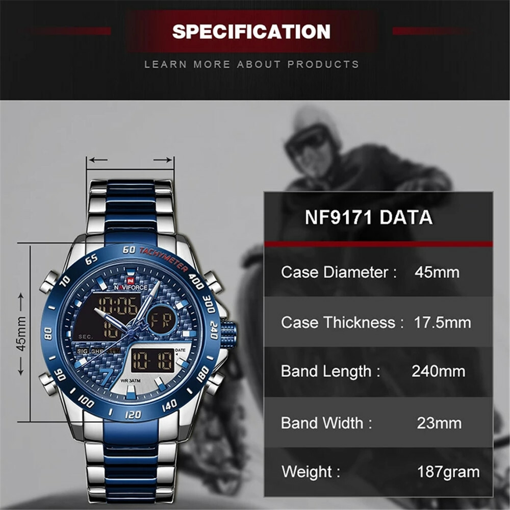 NAVIFORCE Men Watch Military Sport Digital Watches Silver Steel Male Wristwatch