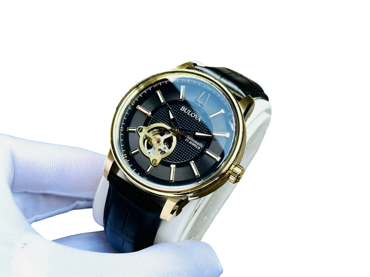 Bulova 97A166 Automatic Gold Tone Black Dial Leather Band Men’s Watch