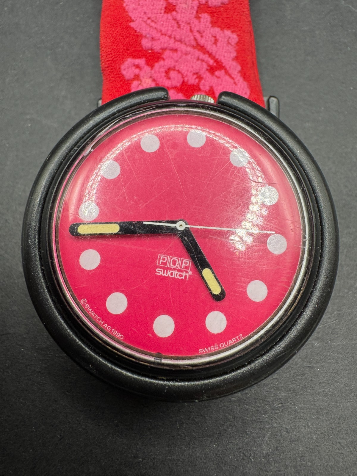 1990 Swatch Pop Shangri Watch Red Pink Velvet Polka Dots One Piece Strap