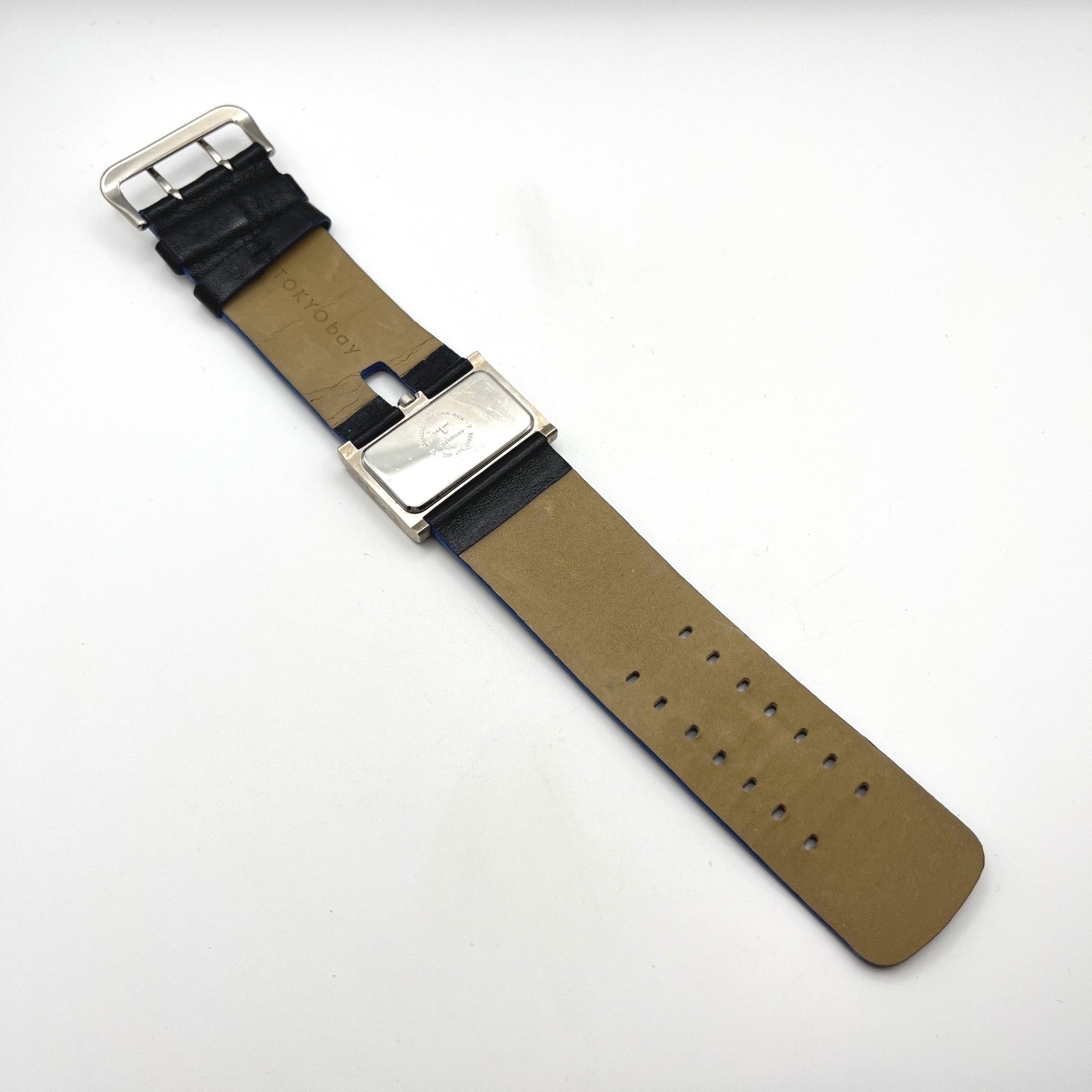 TOKYObay Rectangular Watch Black Leather Wide Strap Blue Accents Brushed Silver
