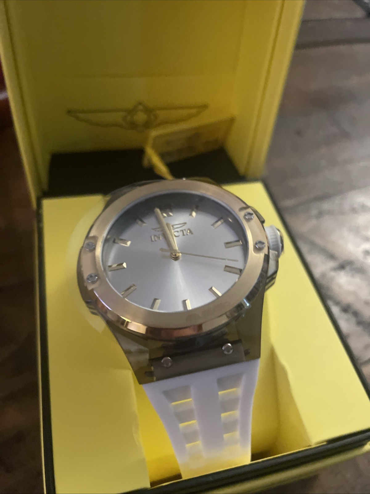 Invicta Sea Base Siphon Silver Dial White Silicone Strap Gold Bezel 45mm