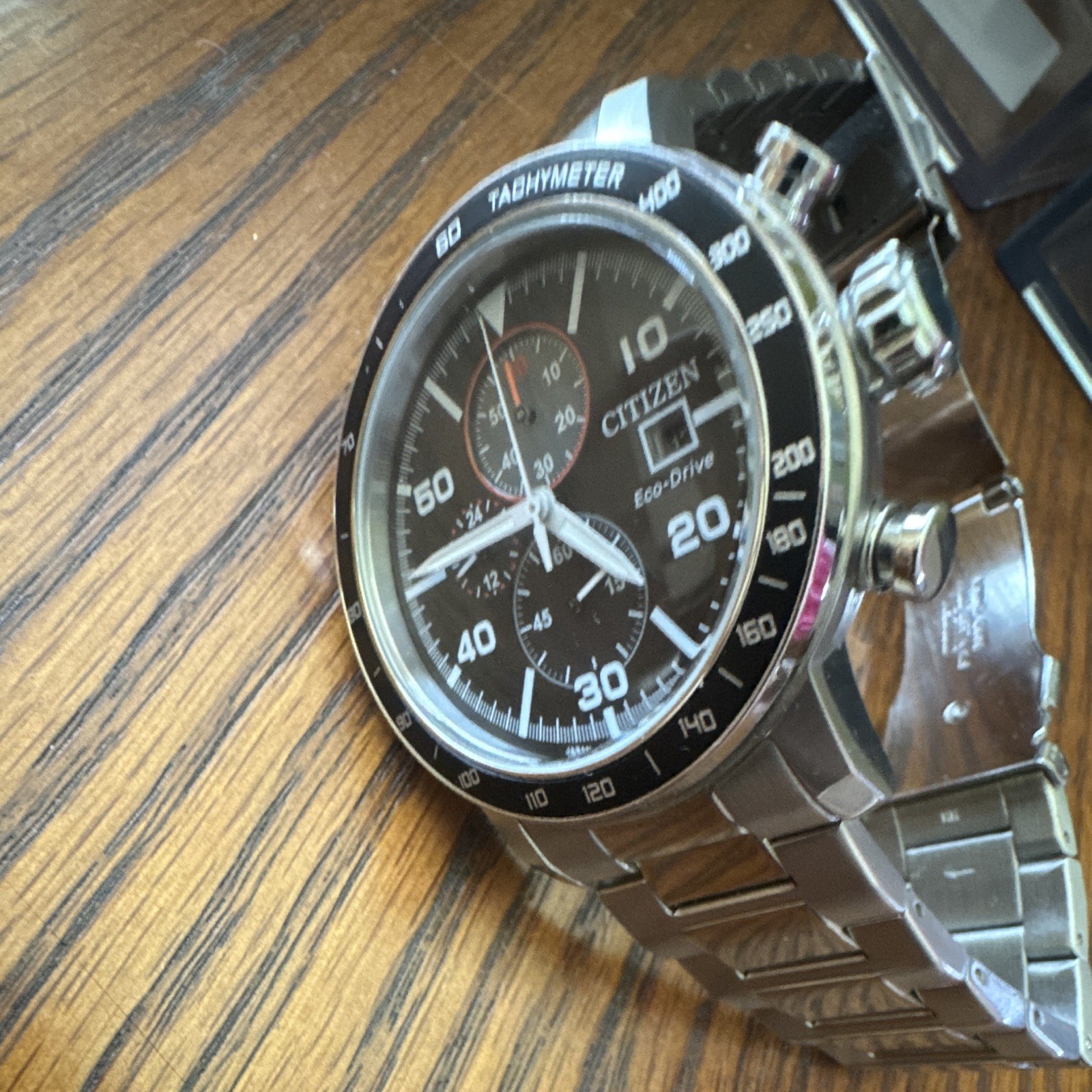 Citizen Eco-Drive Chronograph Date Black Dial Silver Bracelet 43mm 10 bar