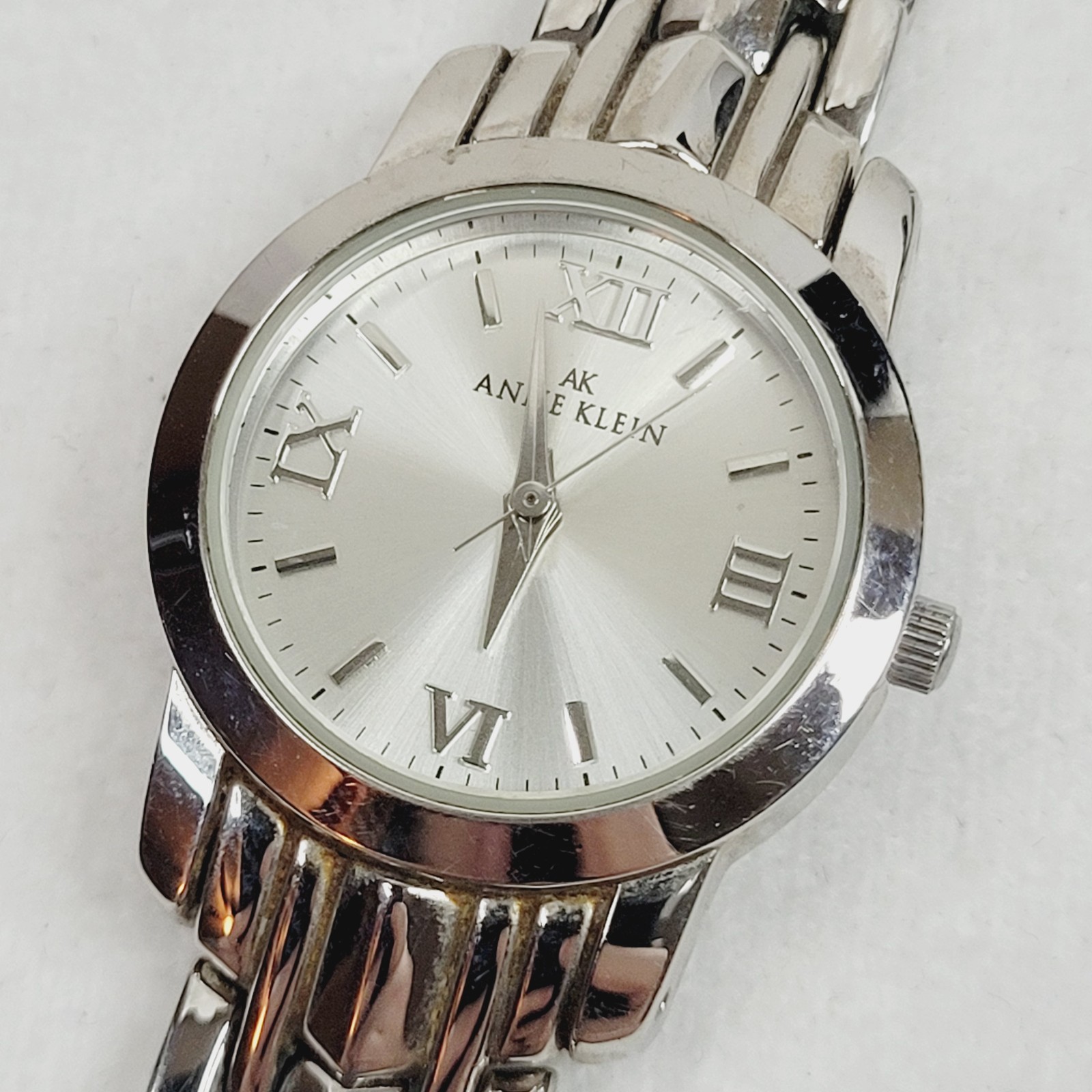 Anne Klein Bracelet Watch Silver Tone White Face Quartz Working Folding Clasp 7″