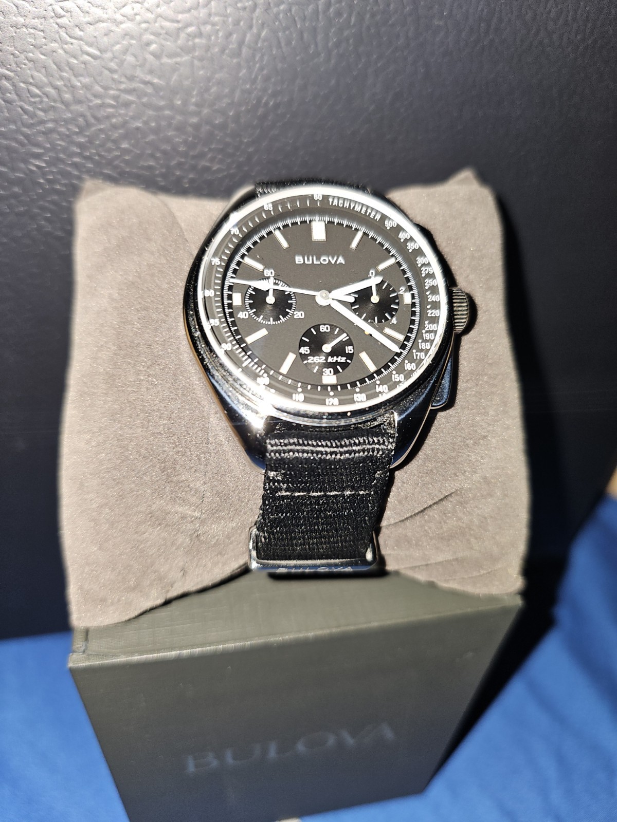 Bulova Lunar Pilot Quartz Chronograph Tachymeter Black Dial NATO Strap Box