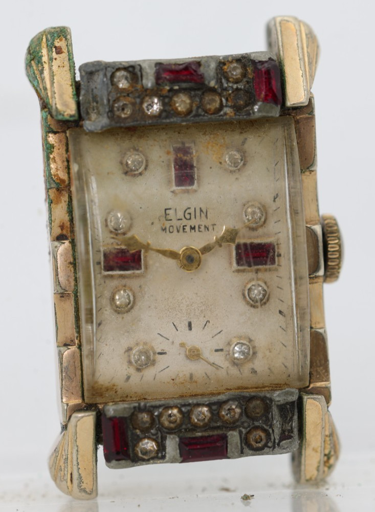 ELGIN 538 DIAMOND & RUBY CASE & DIAL, TANK WRIST WATCH, X122307, FOR REPAIR (NA)