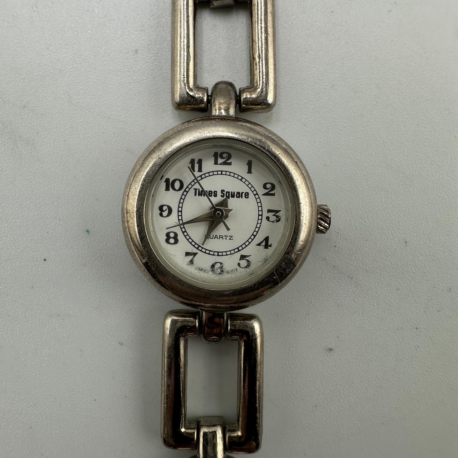 Times Square Watch Women Silver Tone Small Dial Geometric Link Band New Battery