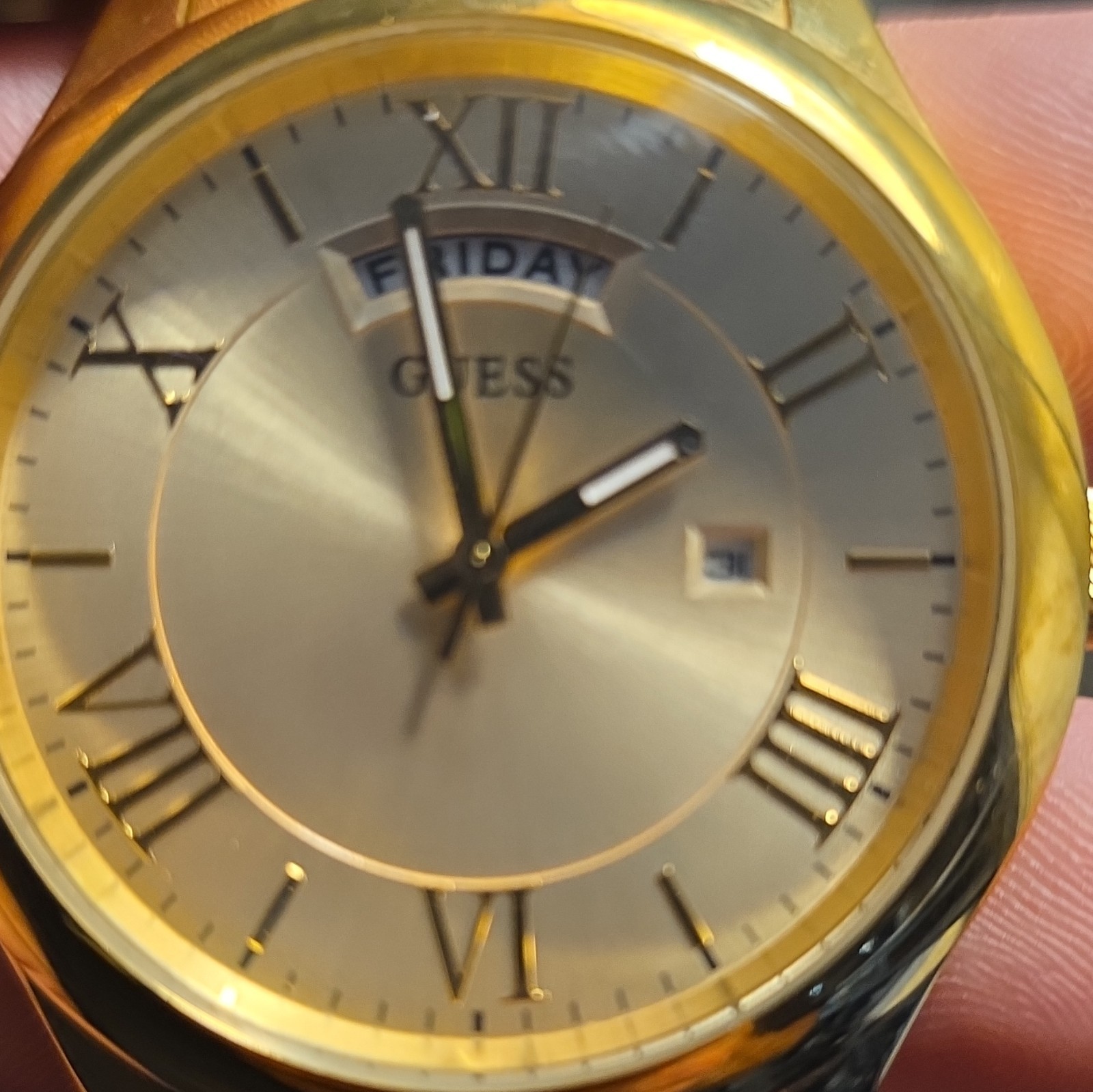 GUESS Men’s Quartz Gold-Tone Analog Bracelet Watch Day/Date Roman Sunburst