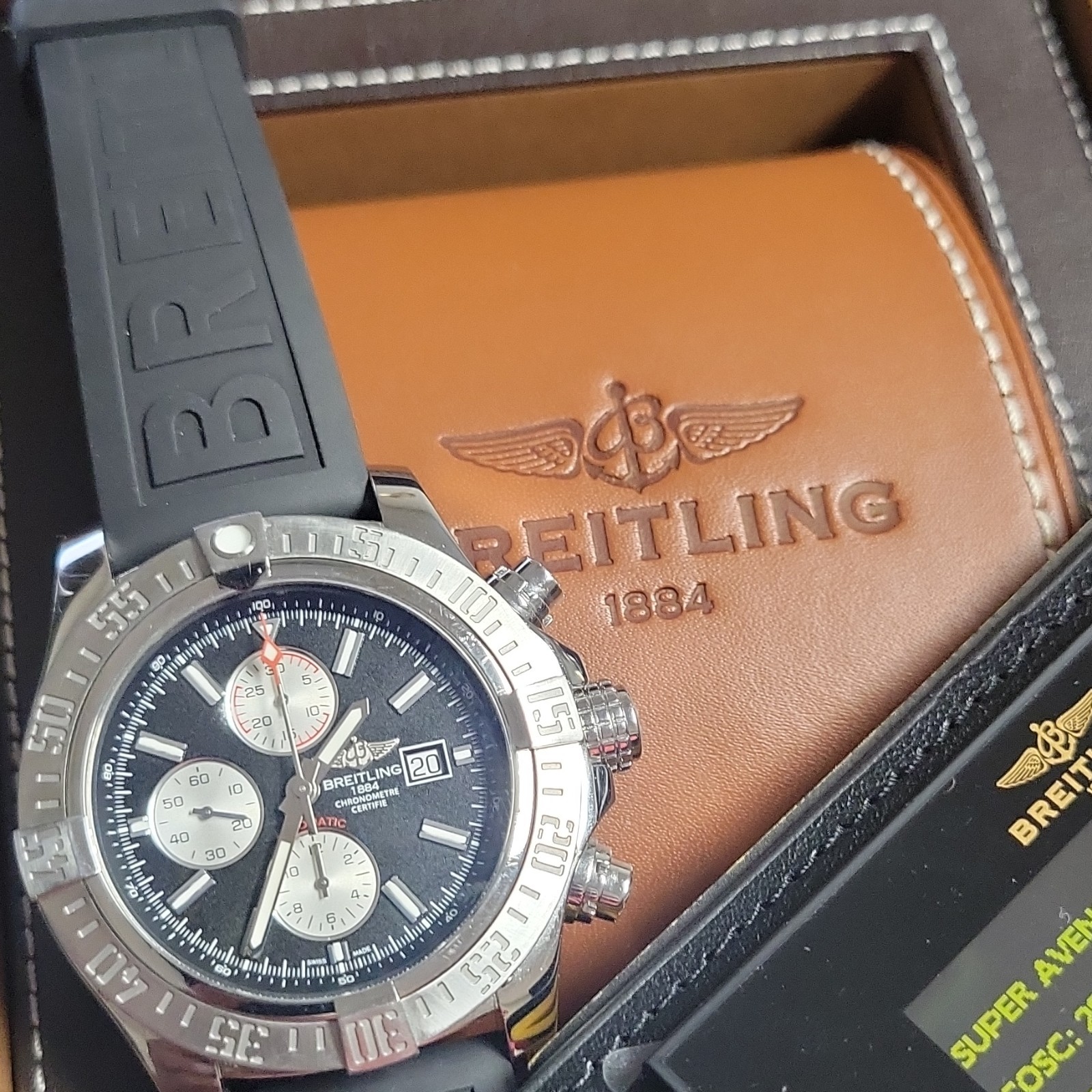 Breitling Super Avenger Chronograph 48mm Black Dial 300m Rubber Box Papers