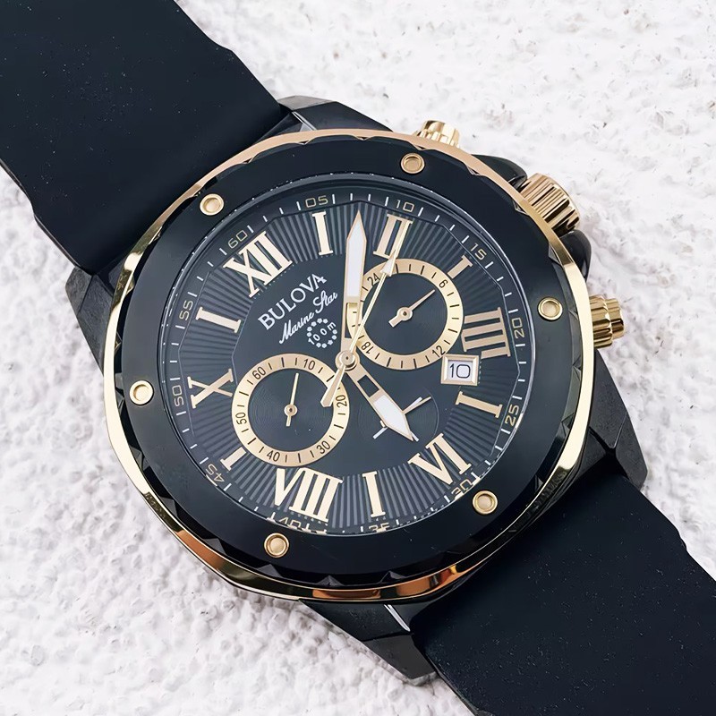 Bulova Marine Star A 98B278 Men’s Quartz Watch Black Dial Silicone Strap 44MM