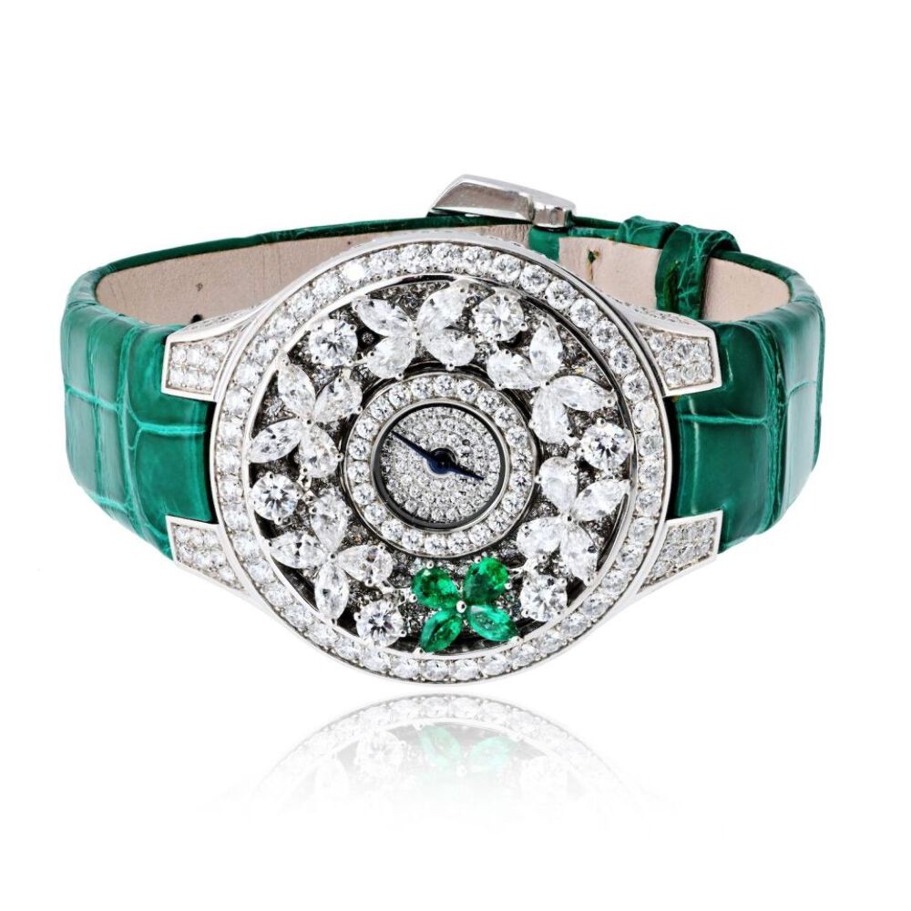 Graff 18K White Gold Butterfly Green Emerald Limited Edition 32mm Dial Watch