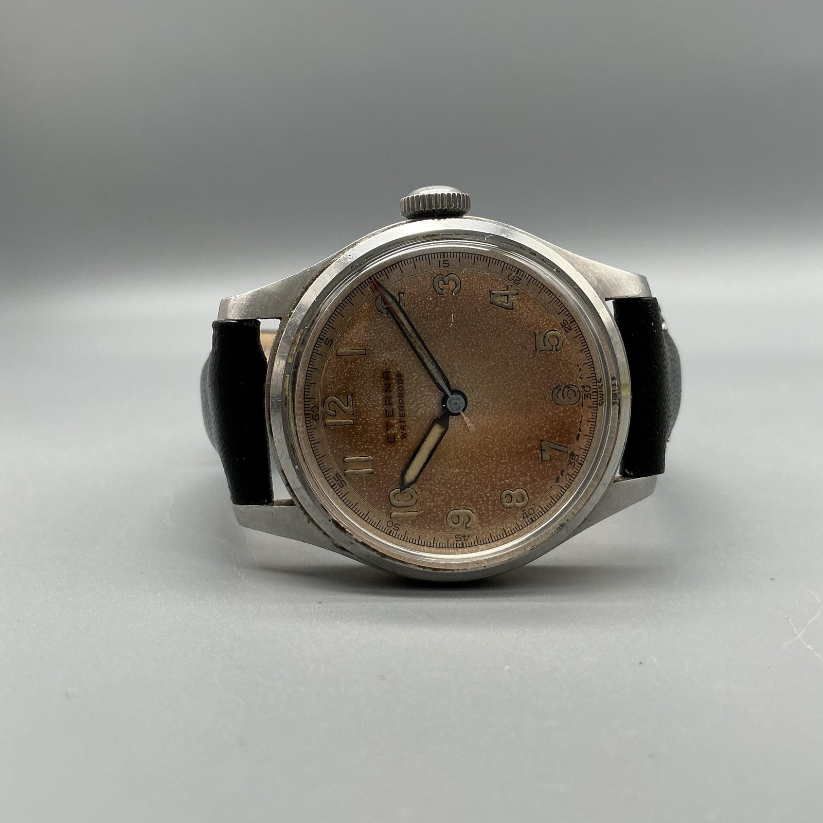 Vintage Eterna Mens Watch 30mm Patina Dial Stainless Black Leather Manual Wind