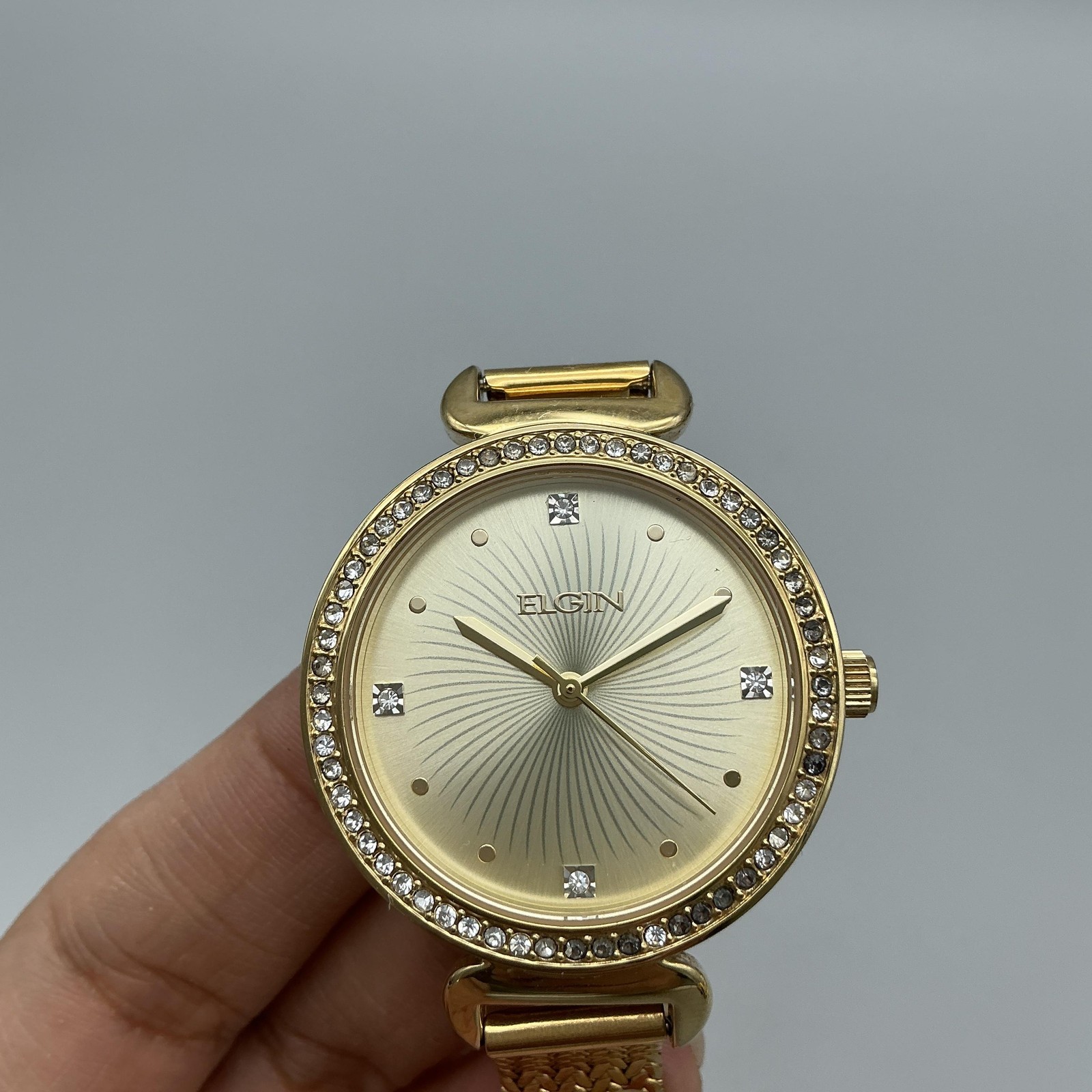 Elgin Womens Watch 35mm Champagne Dial Gold Crystals Mesh Band New Battery