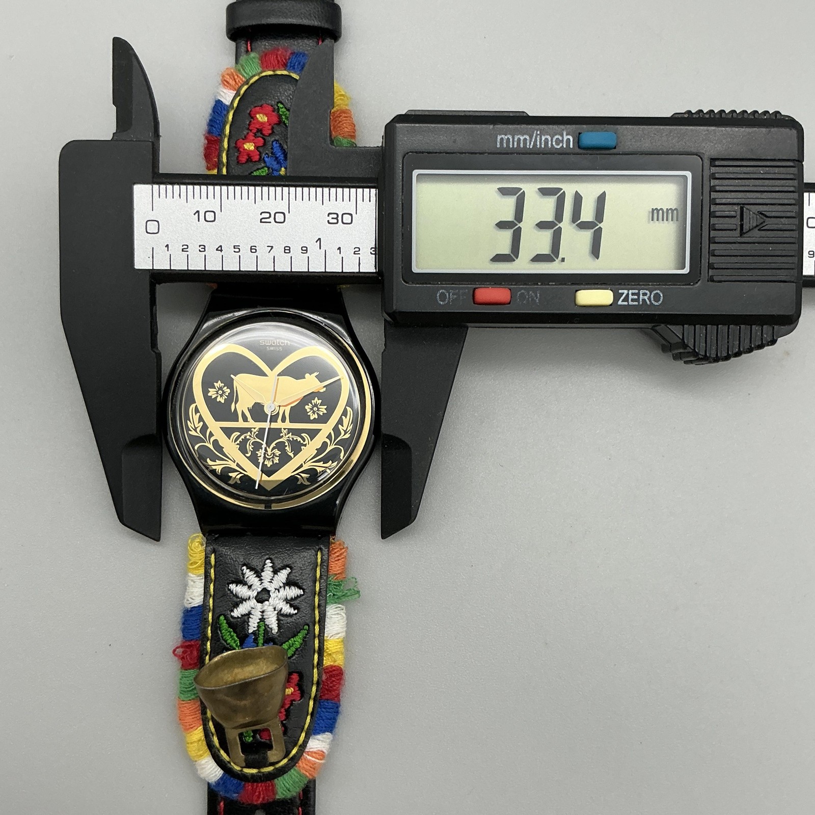 Swatch Die Glocke Mens Watch 33mm Black Embroidered Leather Bell New Battery