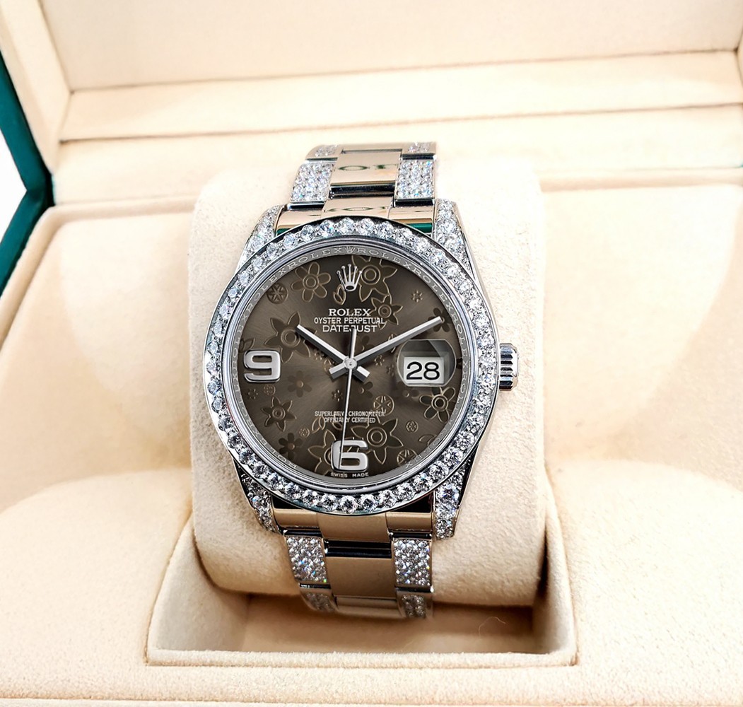 Rolex Datejust 36mm Rhodium Floral Dial Custom 5.9ct Diamond Bezel/Lugs/Bracelet