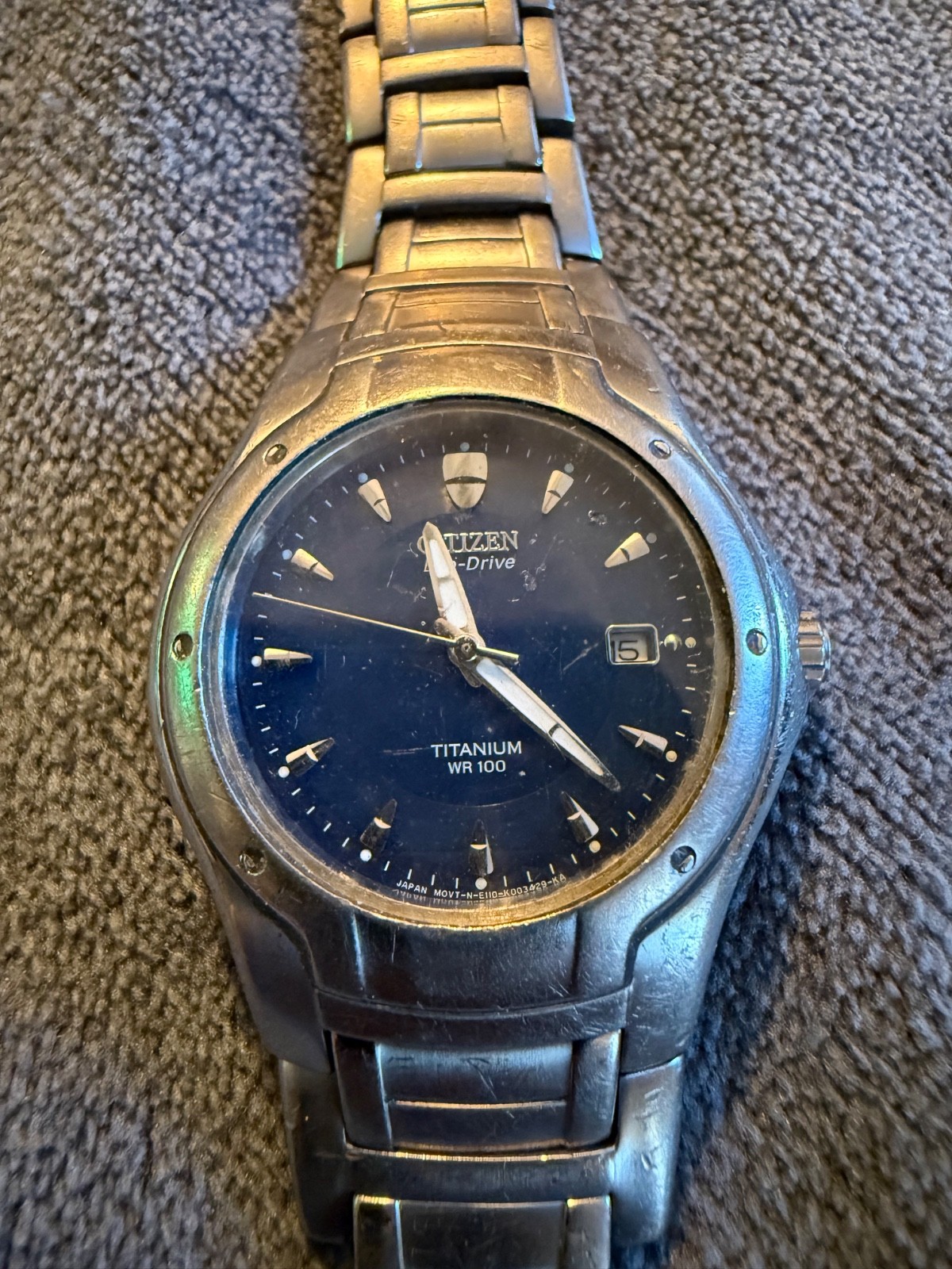 Citizen Eco-Drive Titanium WR100 Blue Dial /Watch Works (Needs Band Repair)