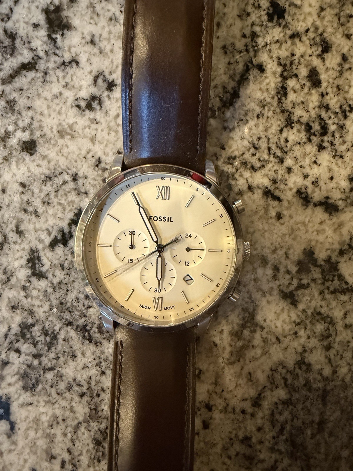 Fossil FS5380 Neutra Men’s Chronograph Watch 44mm Cream Dial Brown Leather Strap