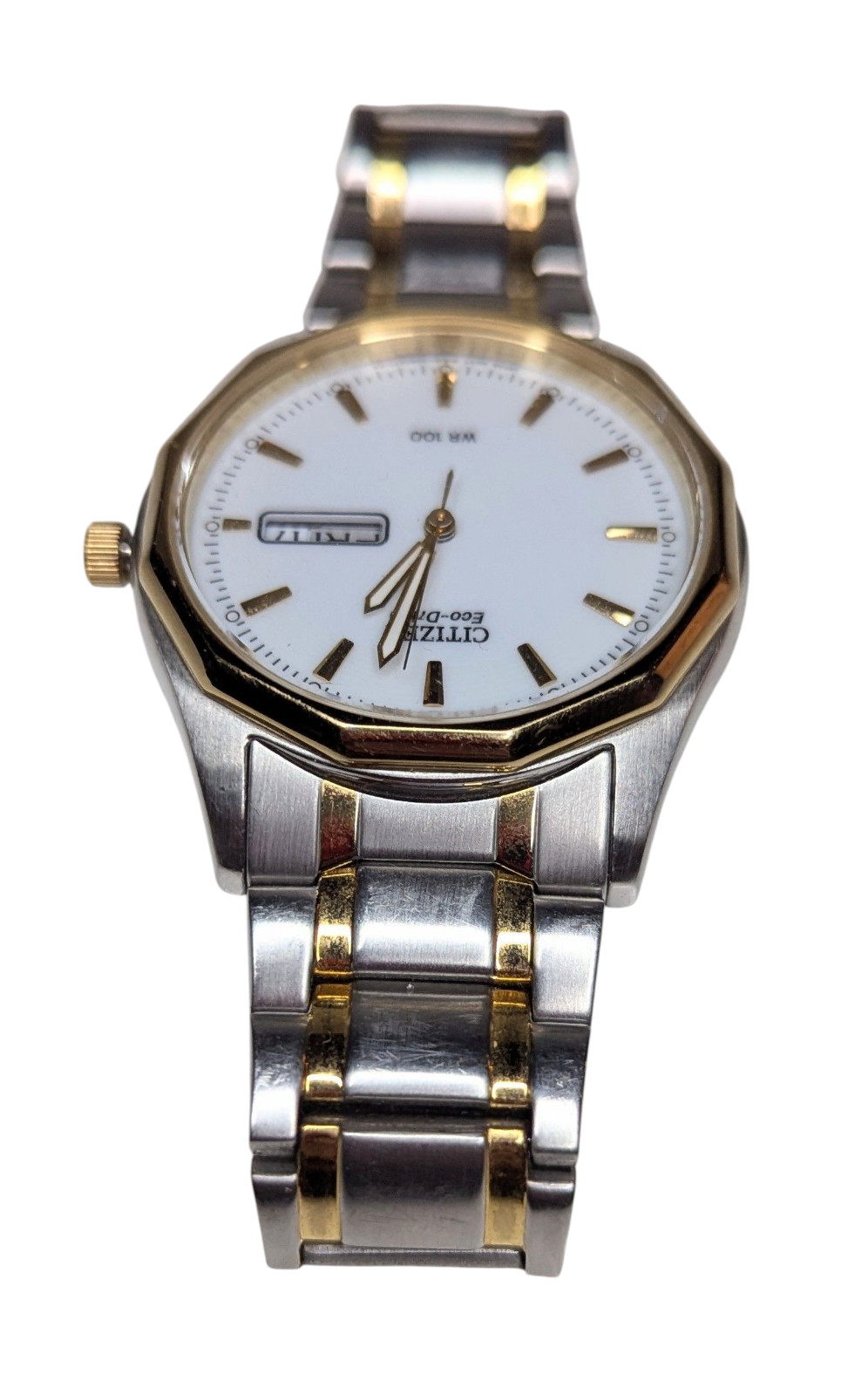 Citizen Eco-Drive E101-S053439 Two Tone WR 100M Day Date Watch Fresh Battery!