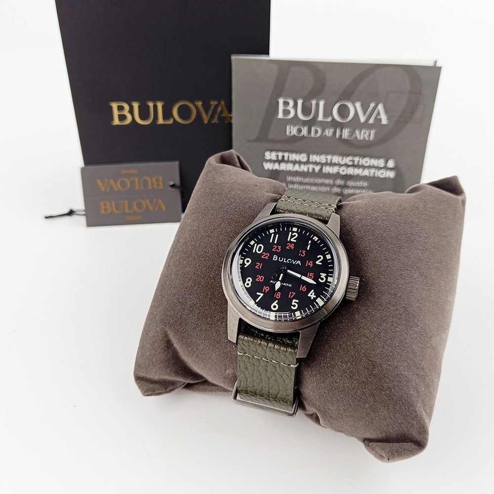 Bulova Military Hack 98A255 Black Dial Green Leather Strap Automatic Men’s Watch