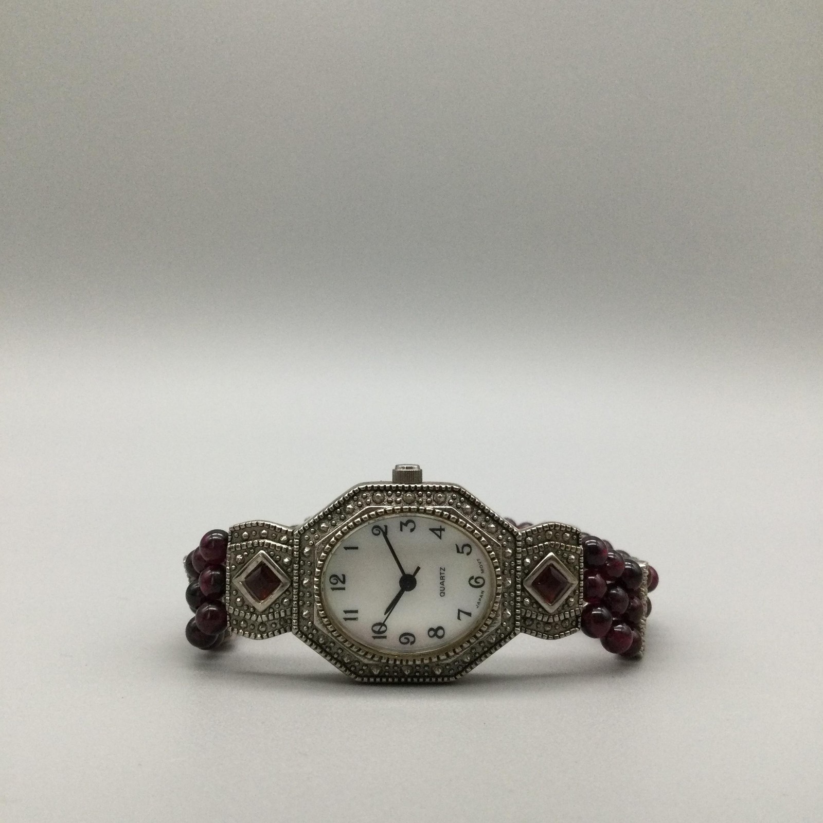 Avon Womens Watch 23mm Marcasite Red Bead Bracelet Silver Tone New Battery 6.5″