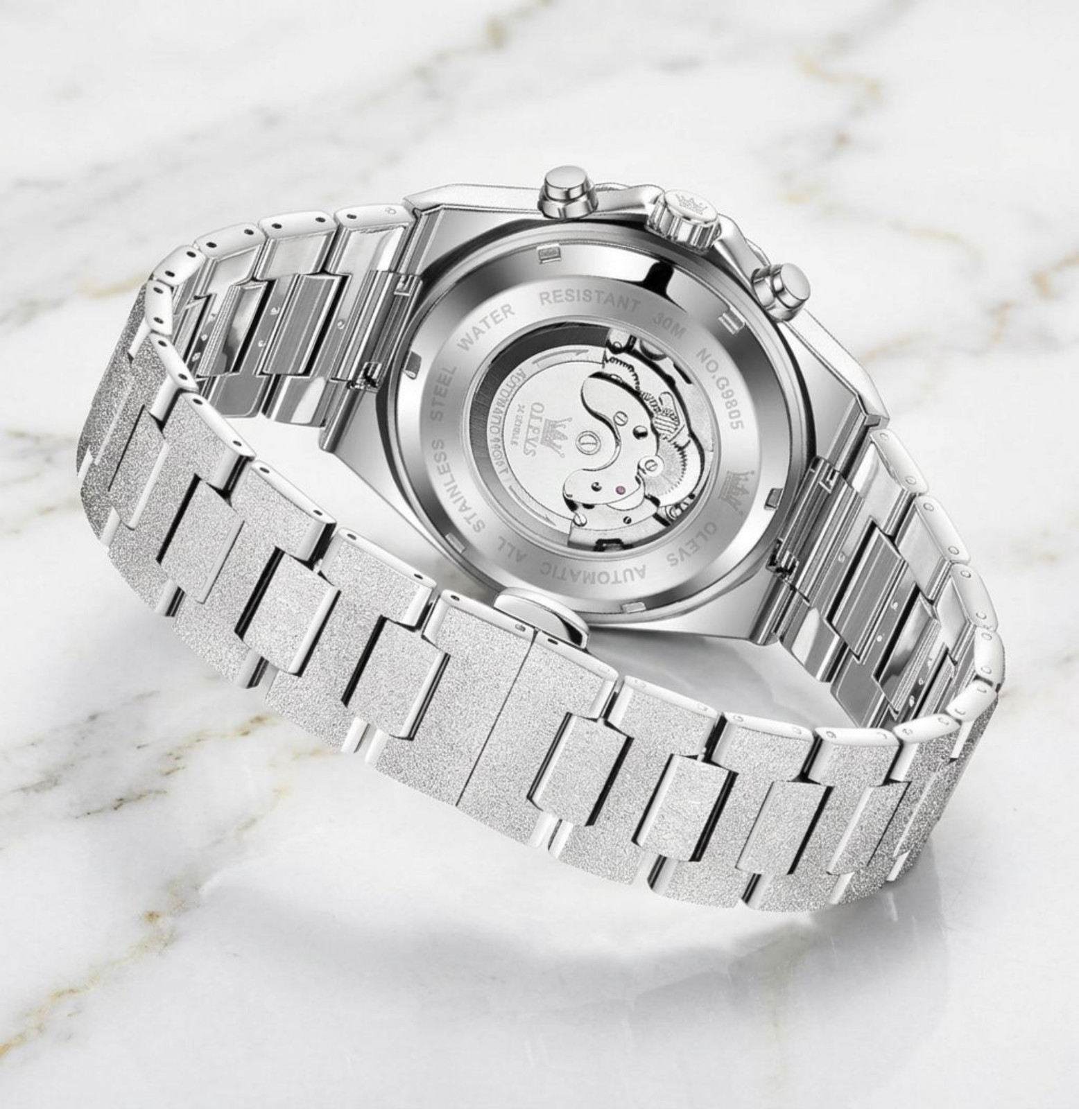 Men Luxury Silver Business Watch Self Winding Wristwatch Silver Dial Bling Olevs