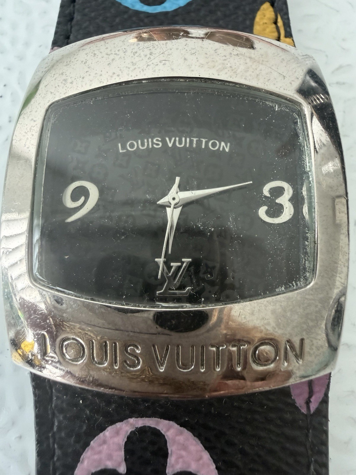 Louis Vuitton Tambour Rectangular Quartz Watch Black Dial LV Leather Strap 34mm
