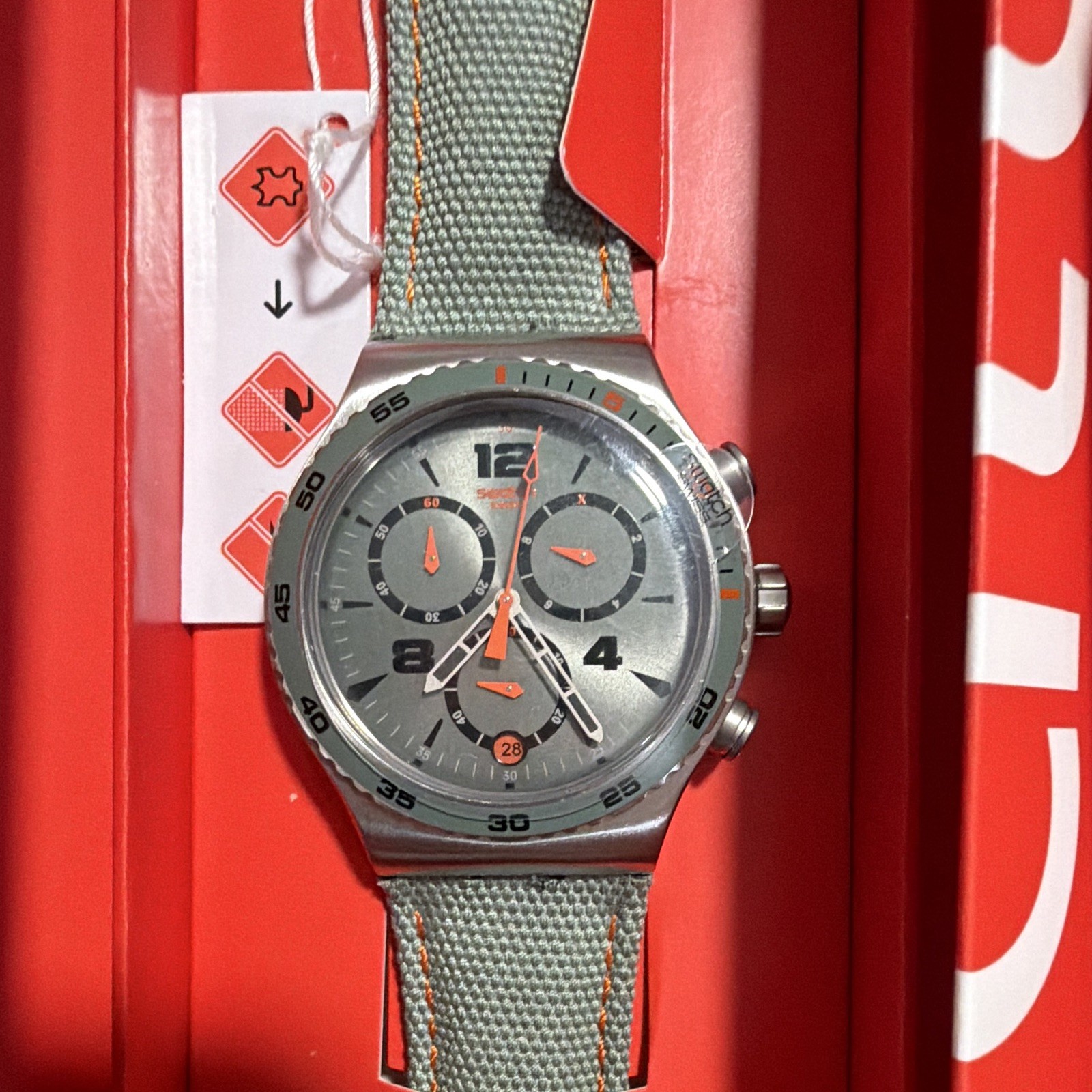 Swatch Irony Chronograph Quartz Gray Dial Green Fabric Strap Box