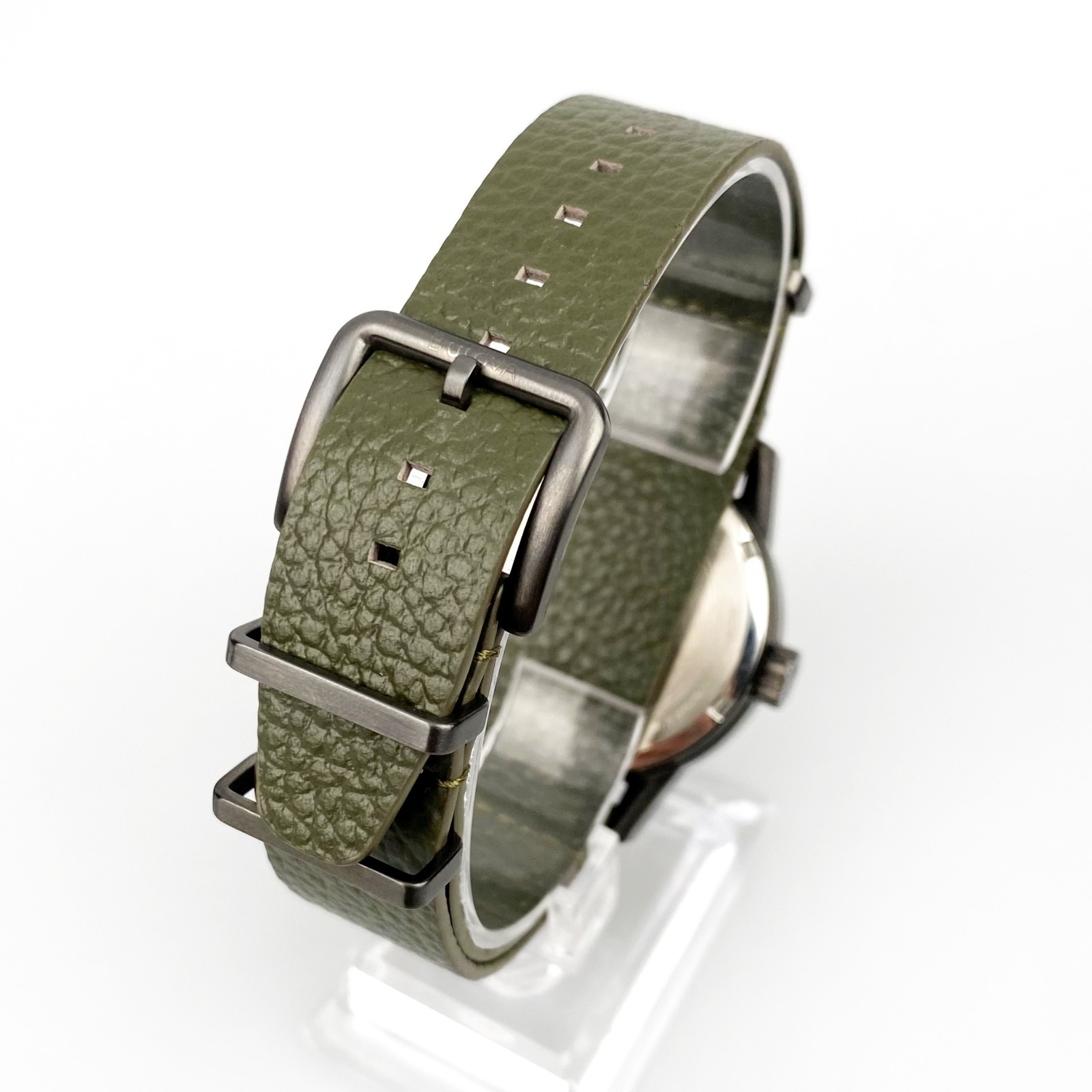 Bulova Men’s Watch 98A255 Hack Black Dial Green Leather Strap Automatic Watch