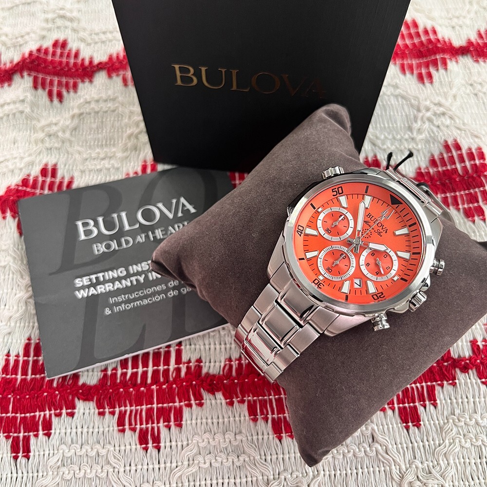 New Classic Bulova Marine Star 96B395 Orange Dial 43mm Chrono Quartz Men’s Watch