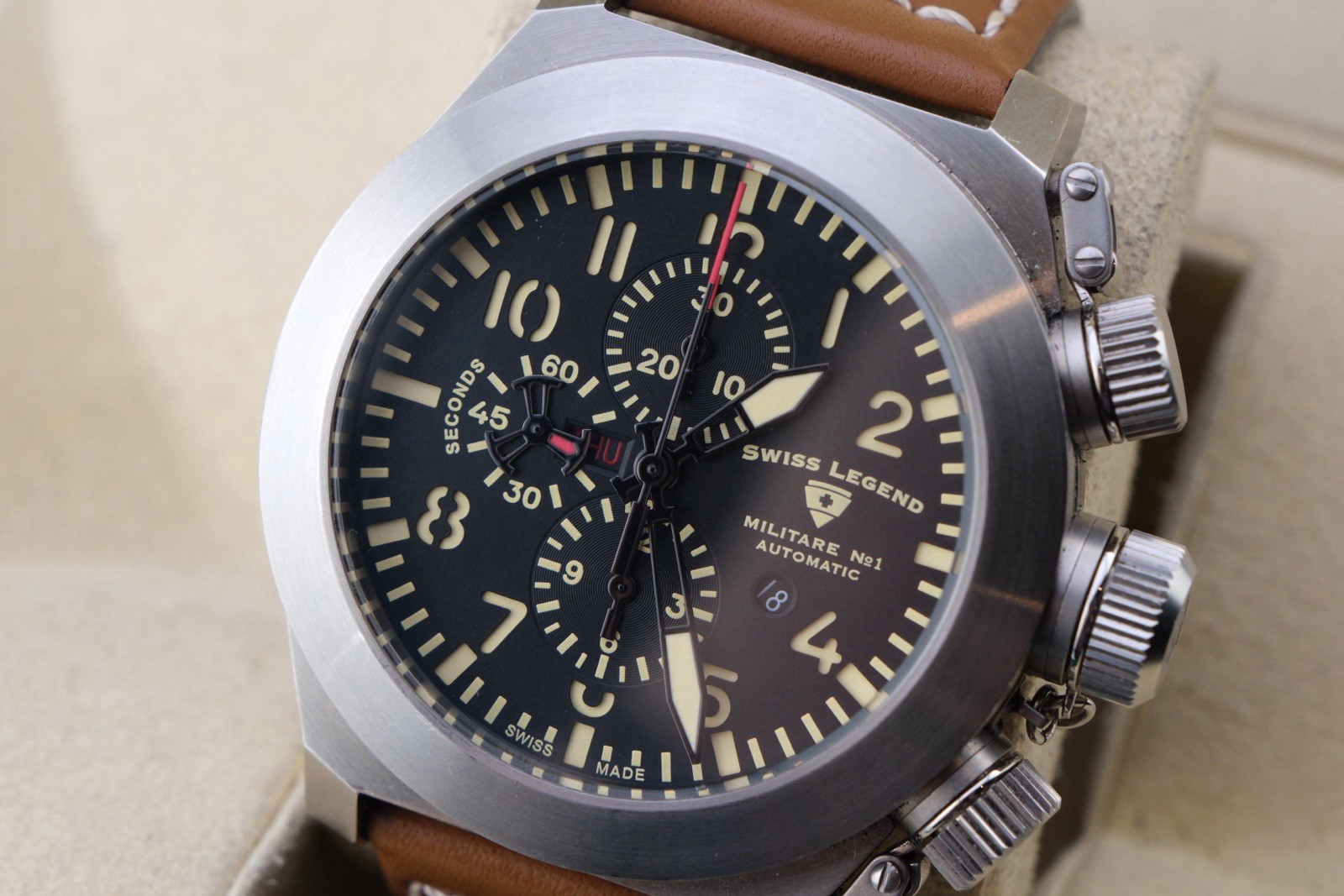 Swiss Legend Militare No1 Automatic Chronograph 45mm Black Dial Leather Working