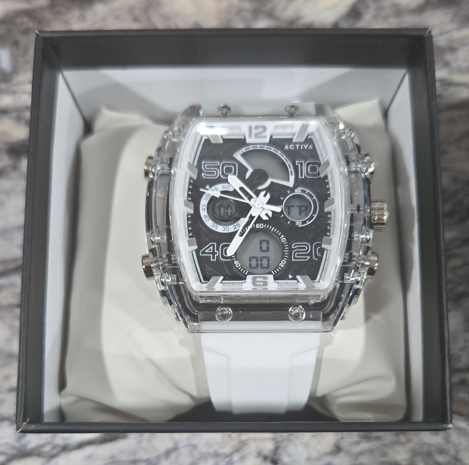Activa Analog-Digital Quartz Tonneau Sport Watch Black Dial White Silicone Box