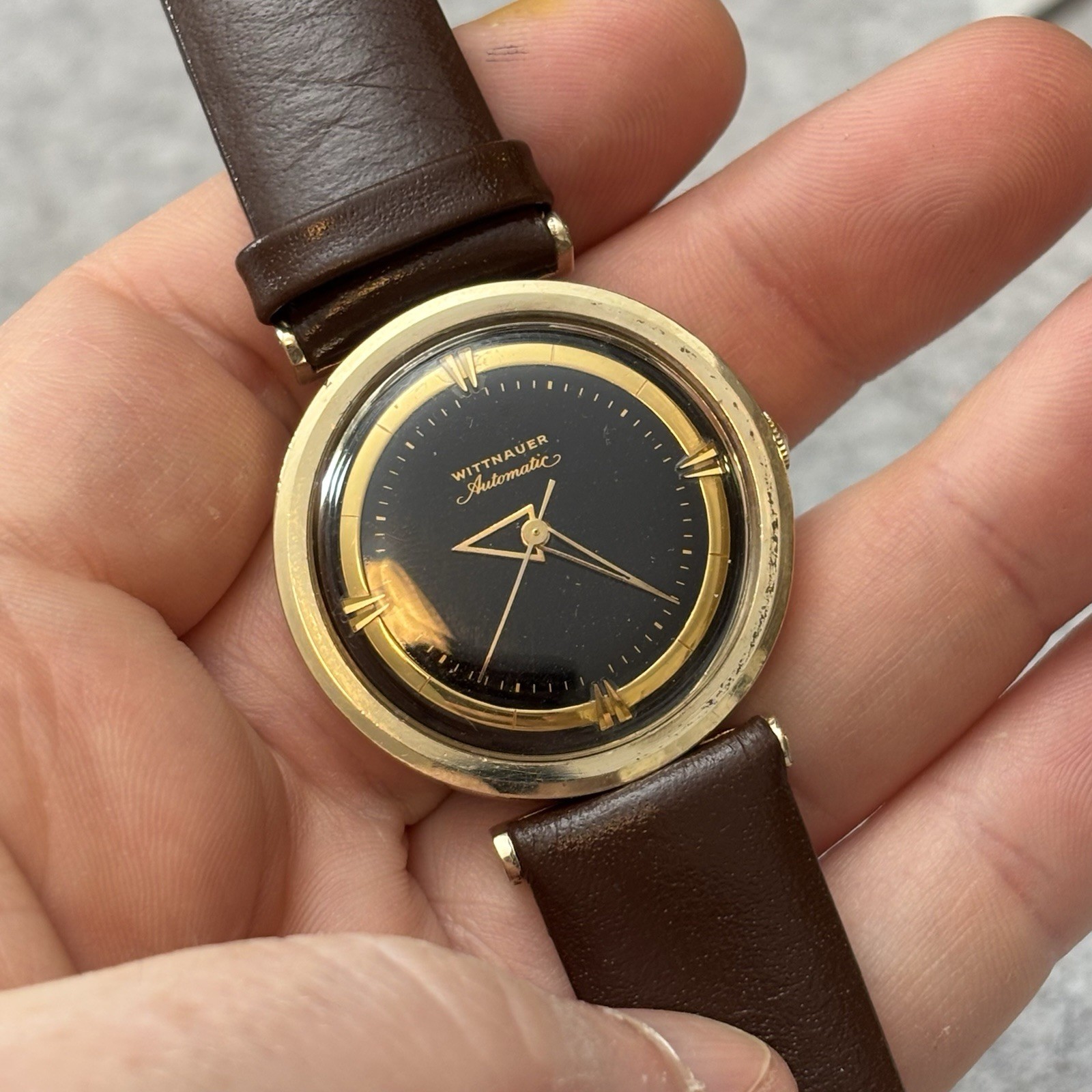 Vintage Wittnauer Automatic Watch 34mm Black Dial Triangle Hands GF – Serviced