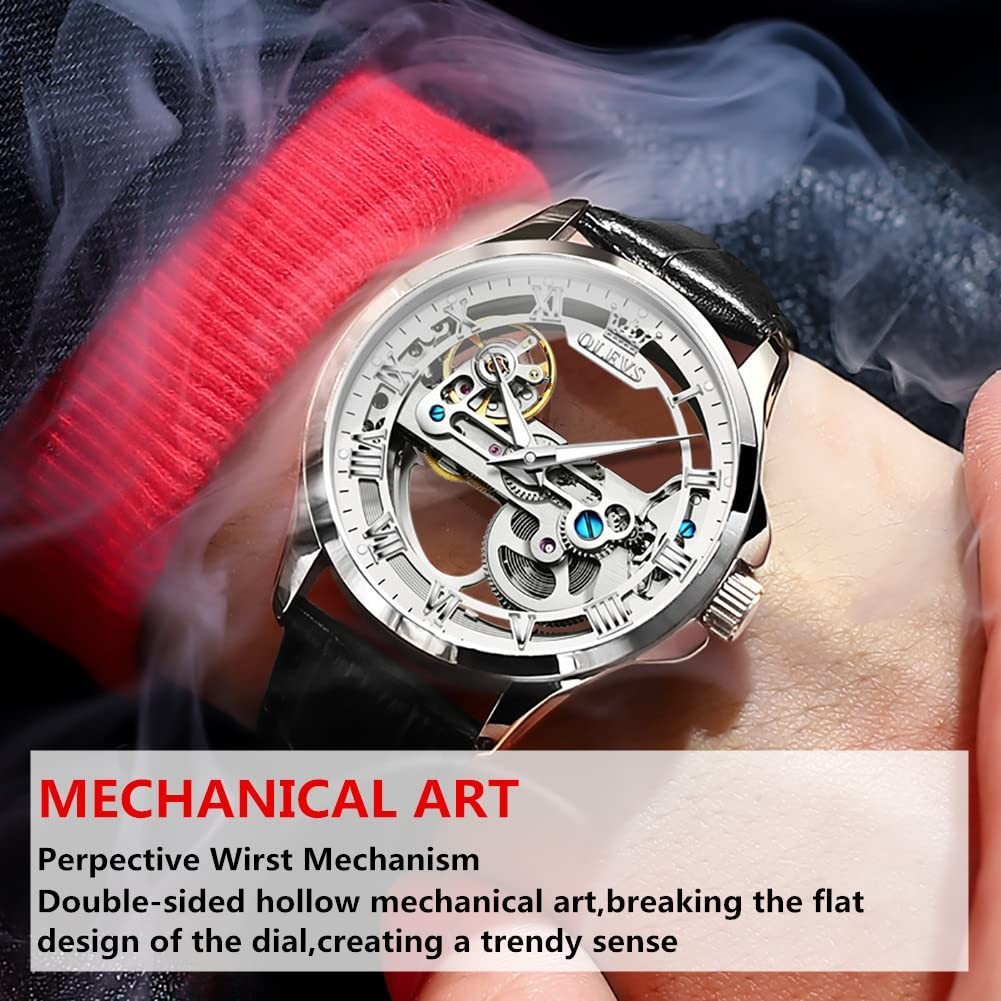 OLEVS Leather Automatic Watches for Young Men Watch Fashion Brand self Winding