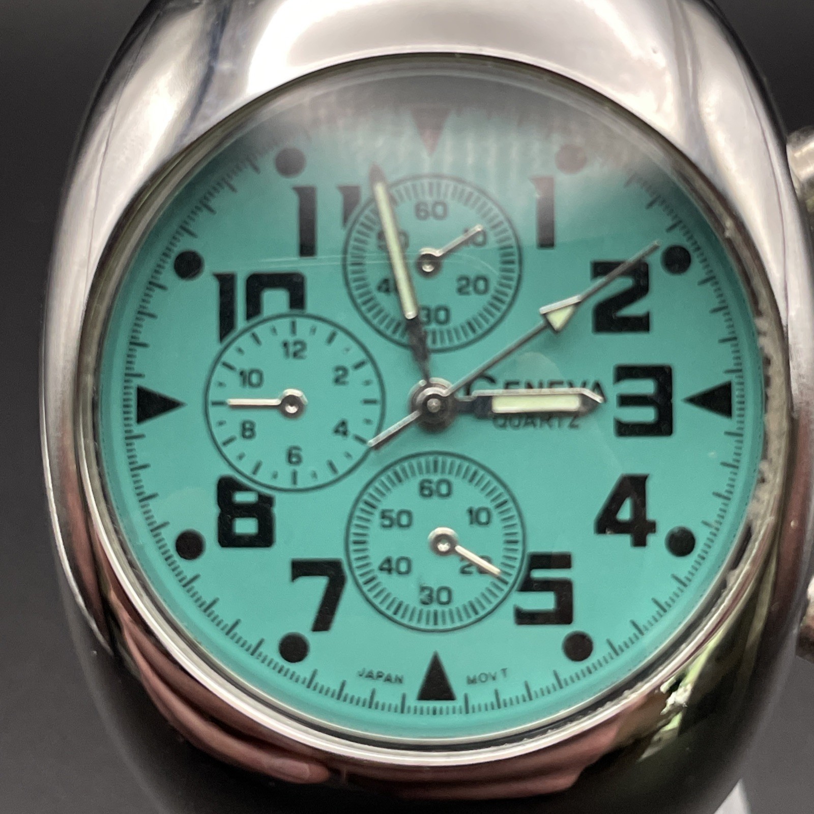 Geneva Chronograph Green Round Silver Tone Case Green Faux Leather Band Watch