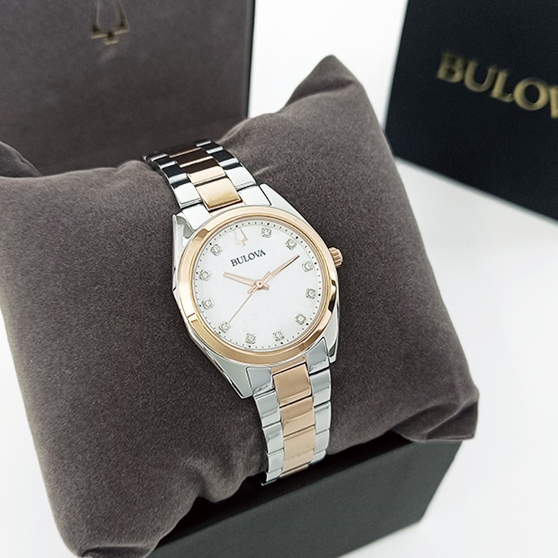 Bulova Surveyor Diamonds Gold Bracelet White Dial Women 98P207 Quartz Watch 31mm