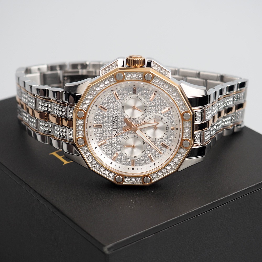 Men’s Bulova Octava Crystal Gemmed Dial Silver & Rose Gold Quartz Watch 98C133