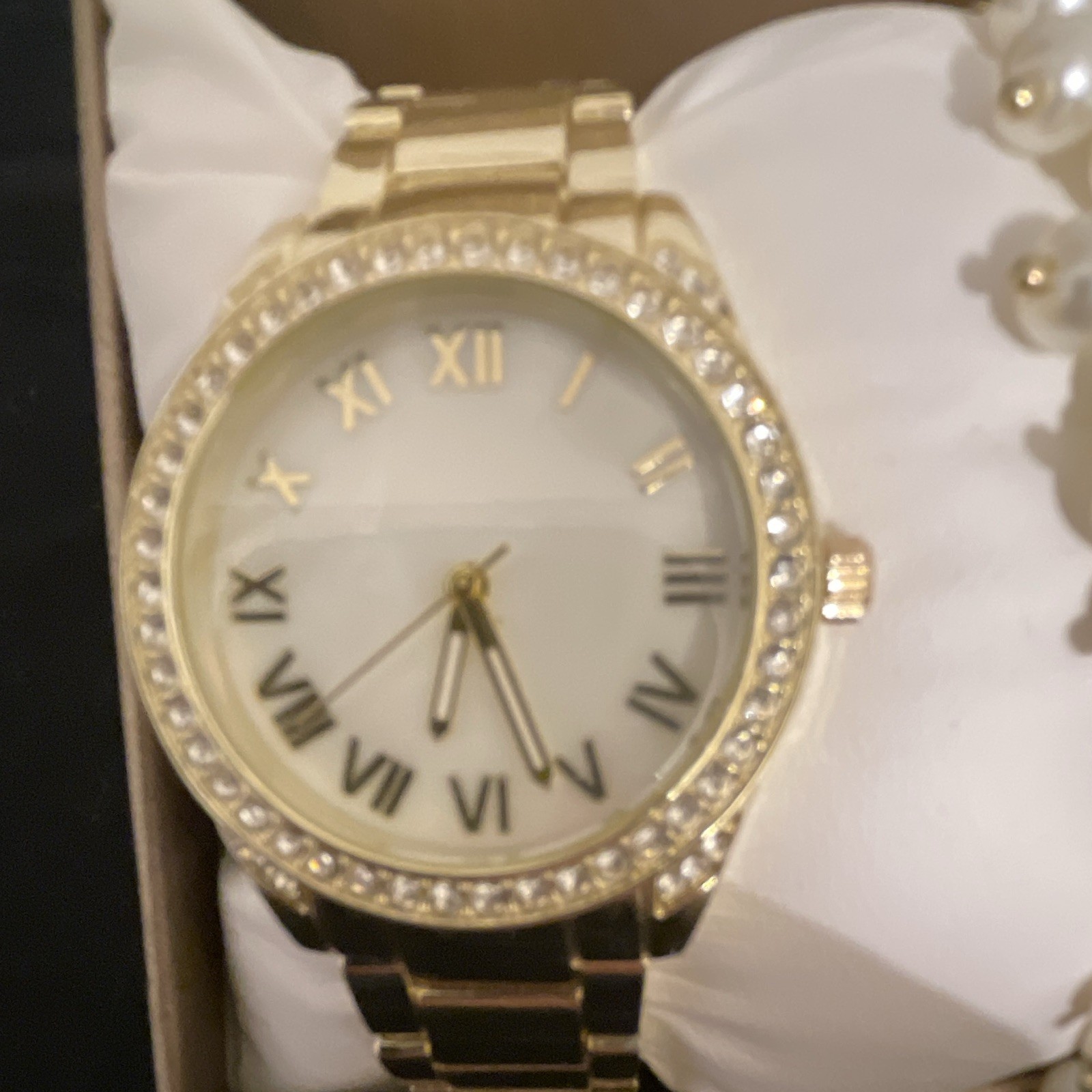 Folio Women’s Gold-Tone Analog Bracelet Watch & Bracelet Set, Roman Dial, Box