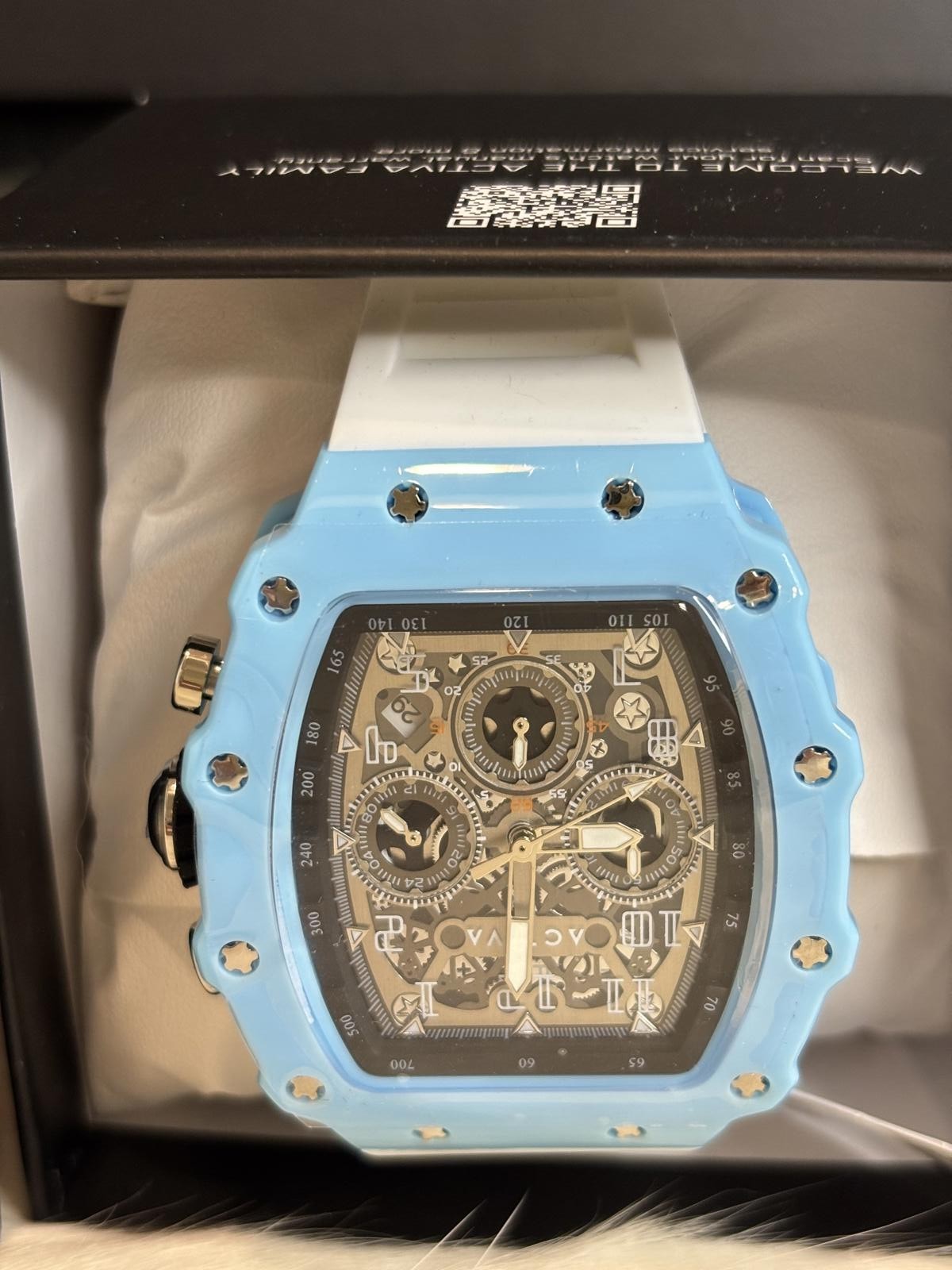 Activa Blue and White Chronograph Watch with Transparent Dial