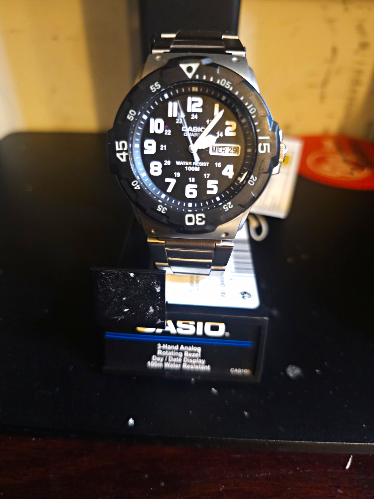 Casio Men’s Analog Quartz Day/Date 100m WR Black Dial Steel Bracelet w/ Box