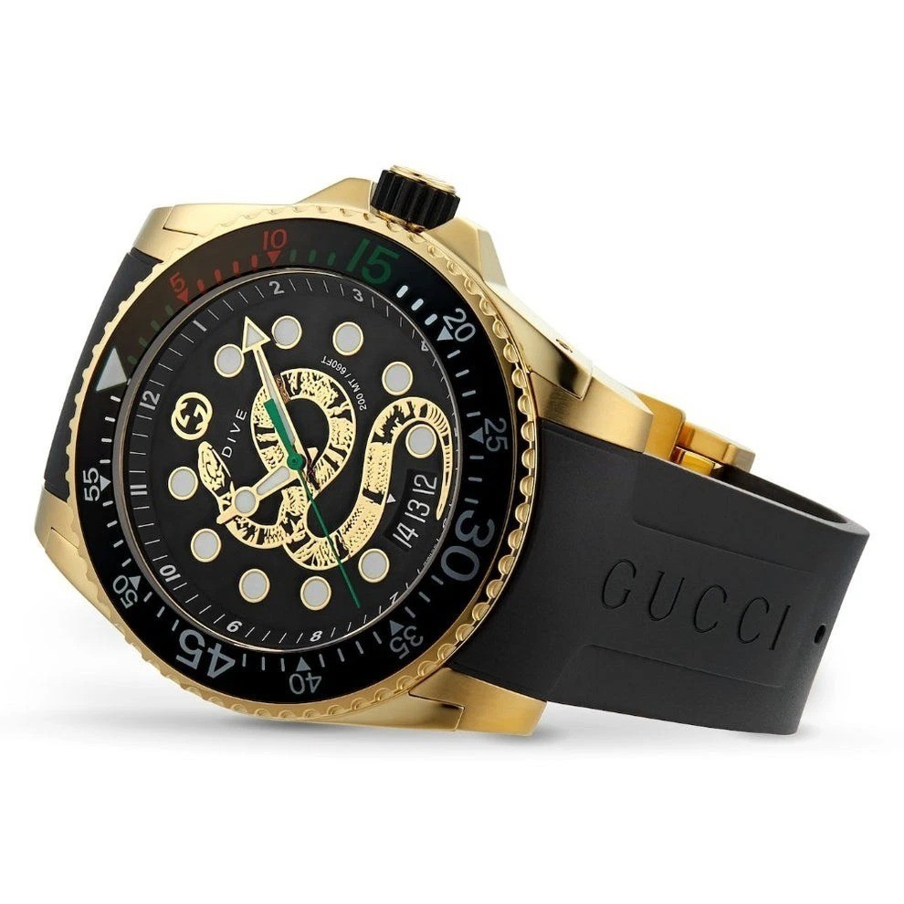 Gucci Dive Gold Snake Black Dial Rubber Strap Men’s Watch YA136219