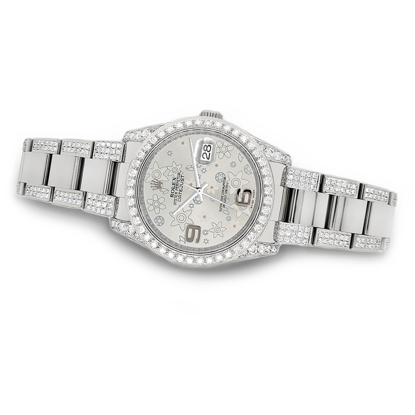 Rolex Datejust 36mm 5.9ct Diamond Watch with Silver Floral Dial Box Papers