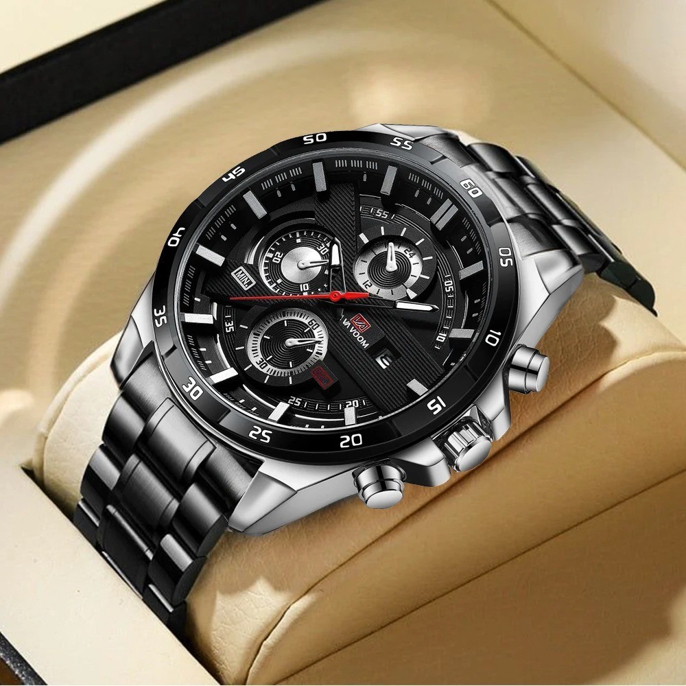 Men’s Watch Luxury Brand Waterproof Analog Quartz Calender Black Leather Band